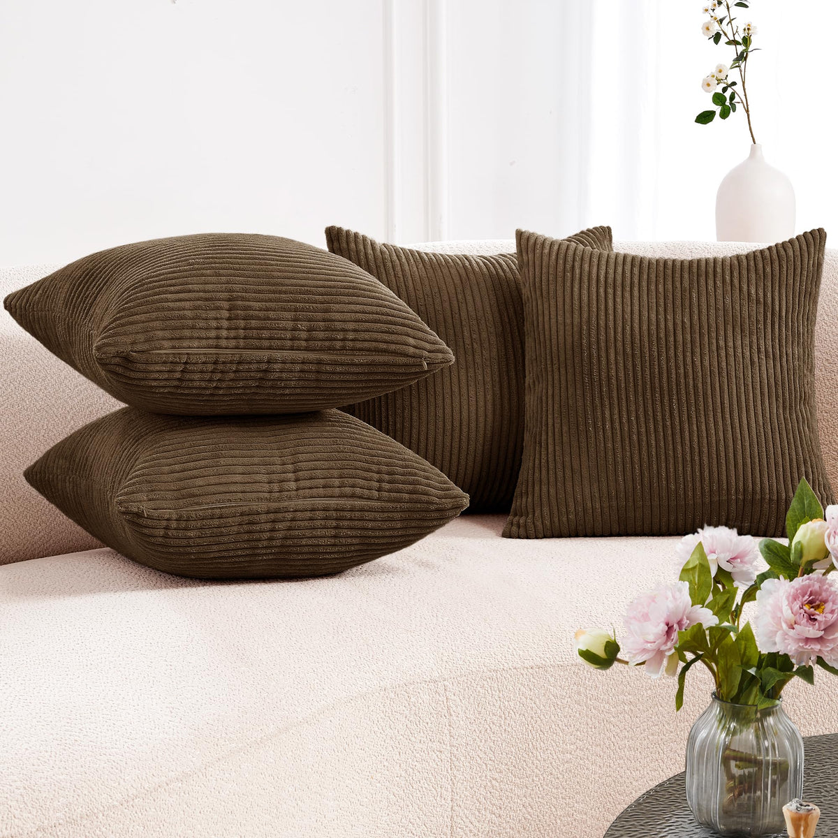 Deconovo Pillow Covers, Throw Pillow Covers 18X18, Throw Pillows, Set Of 4, Chocolate Brown Corduroy Striped Decorative Sofa Cou