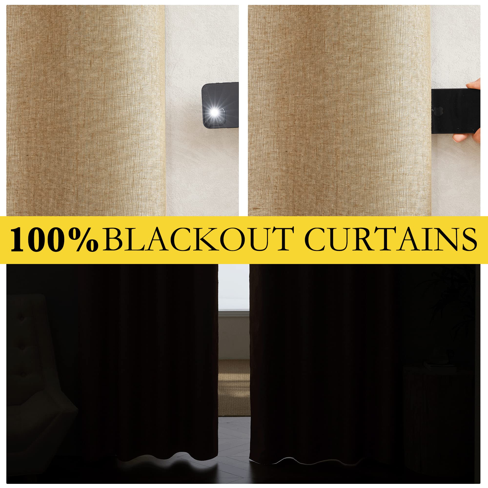 Nicetown 100% Absolutely Blackout Linen Curtains With Thermal Insulated White Liner, Camel, W42 X L84, 2 Panels, Long Curtains 84 Inch Length For Patio Door, Doorway, Office, Overnight Shiftworker