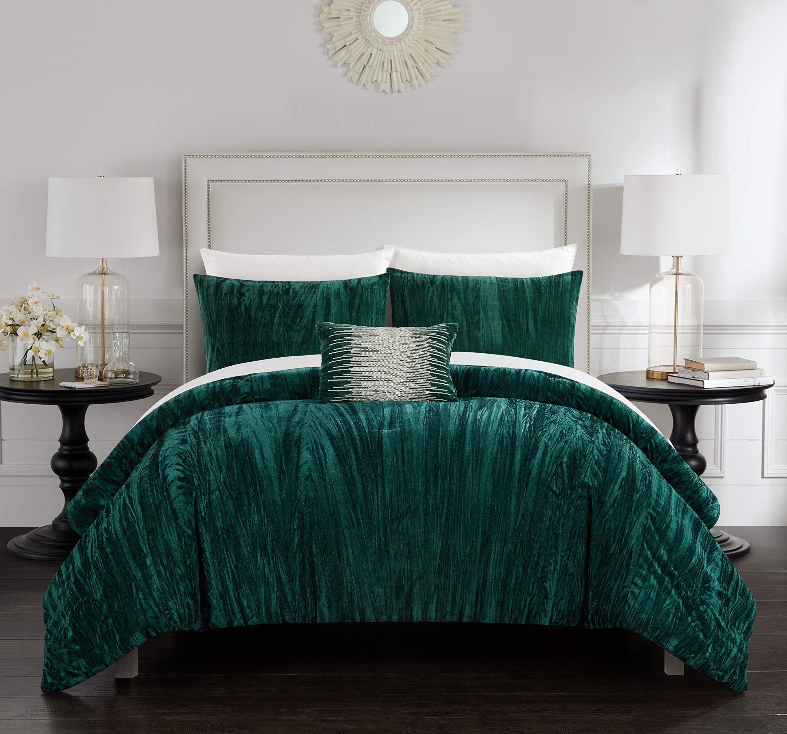 Chic Home Westmont 4 Piece Comforter Set Crinkle Crushed Velvet Bedding-Decorative Pillow Shams Included, Queen, Green