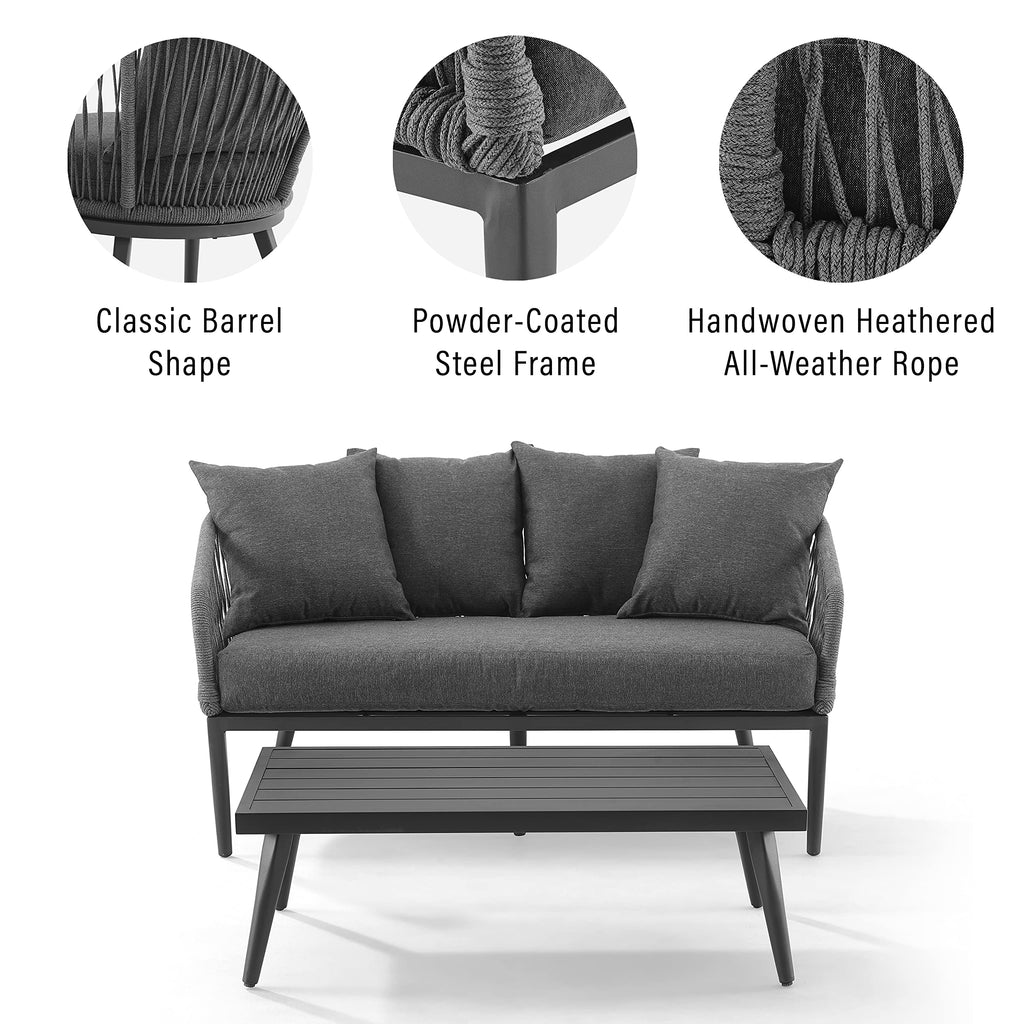 Crosley Furniture Dover 2-Piece Outdoor Coffee Table and Loveseat Patio Furniture Set for Porch, Deck, Matte Black with Charcoal Cushions