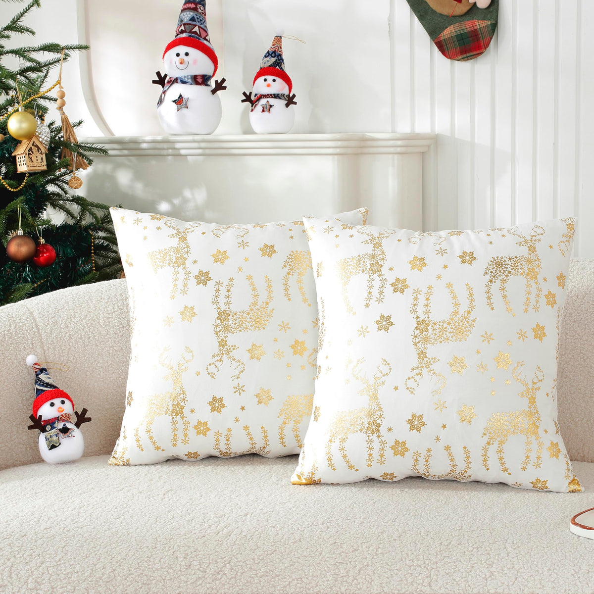Taoson Pack Of 2,Gold Christmas Pillow Covers Velvet Cozy Soft Bronzing Snowflake Deer Printed Decorative Pillow Case Winter Hol