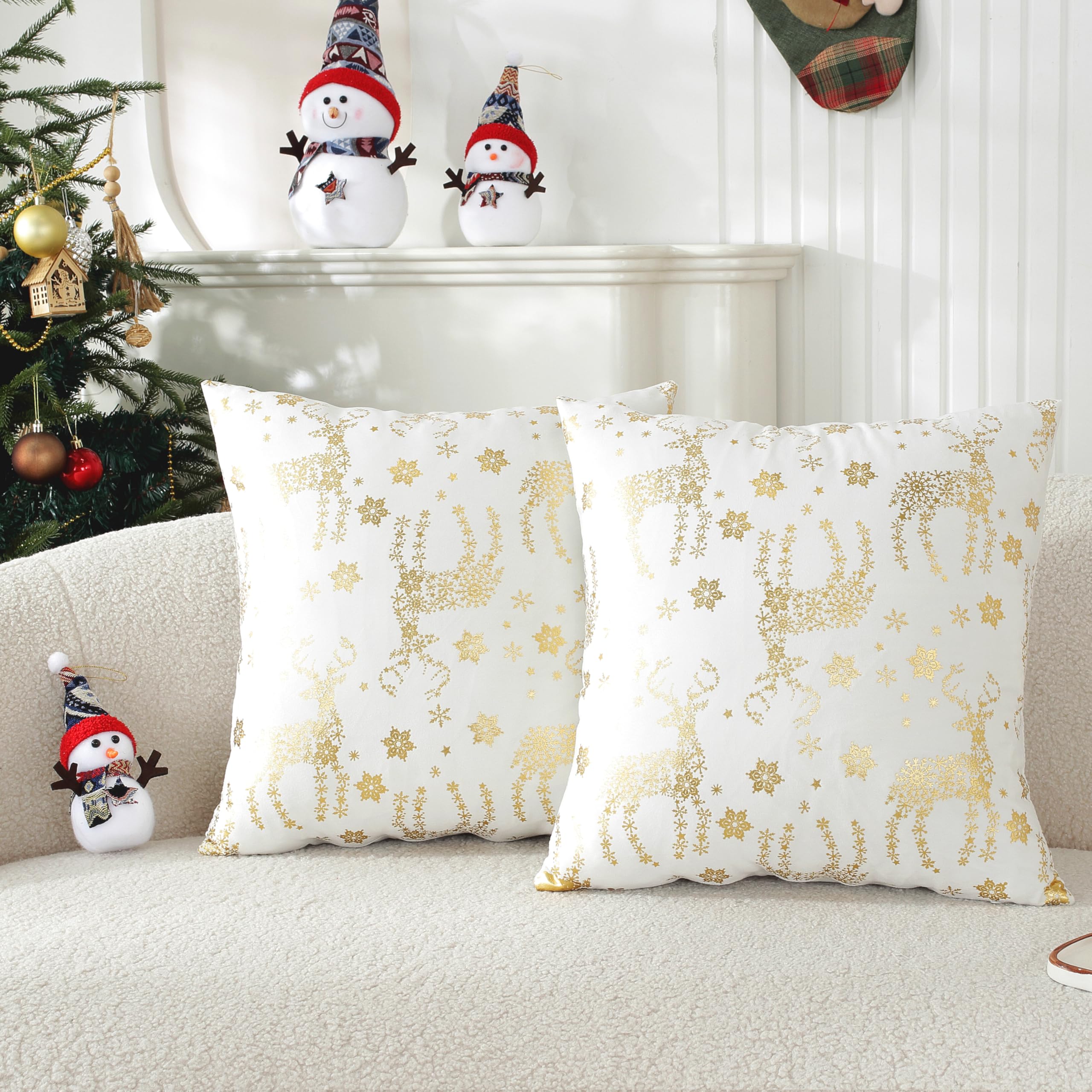 Taoson Pack Of 2,Gold Christmas Pillow Covers Velvet Cozy Soft Bronzing Snowflake Deer Printed Decorative Pillow Case Winter Hol