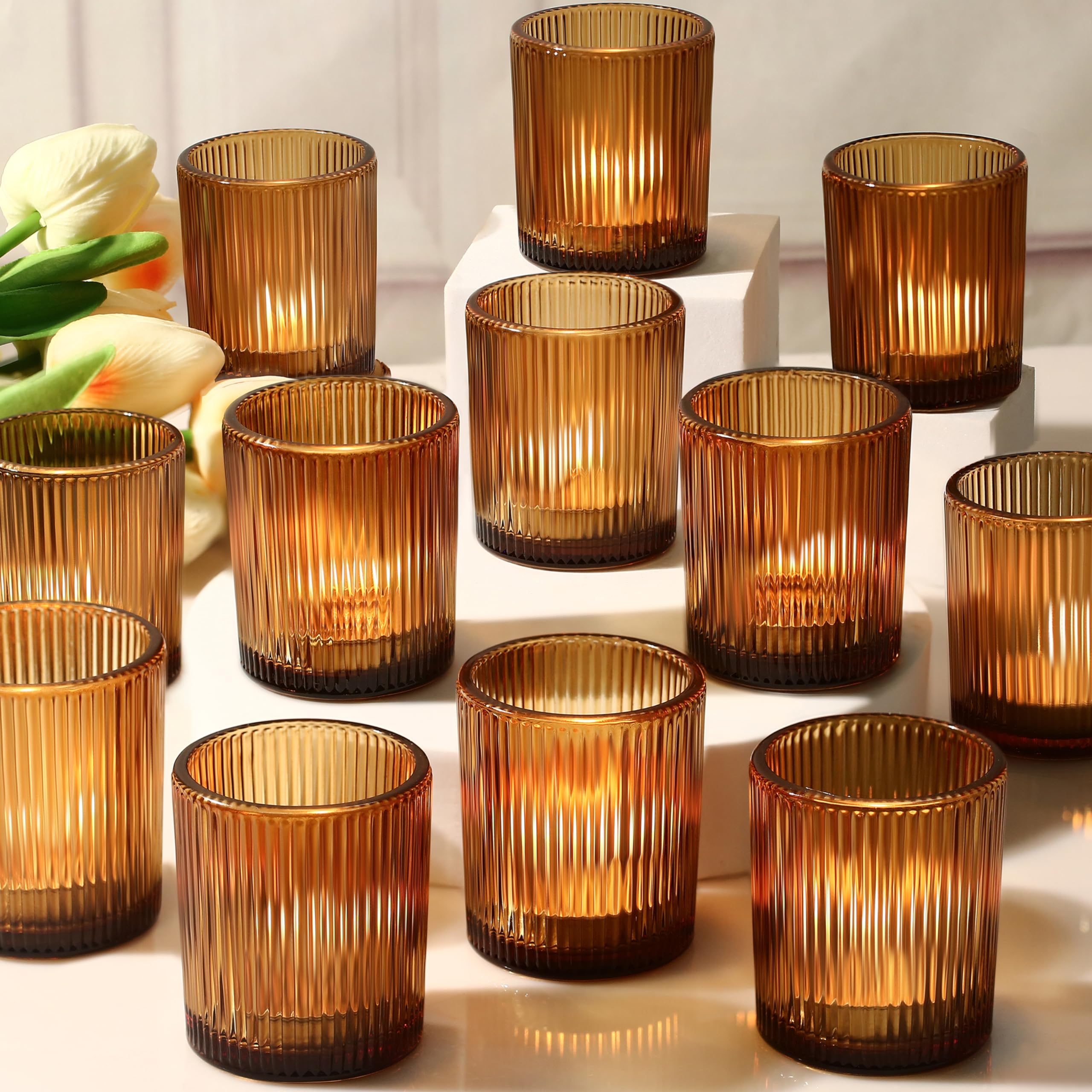 24 Pack Votive Candle Holders for Table Centerpieces, Amber Glass Tea Lights Candle Holders for Wedding Decoration, Bulk Tealigh