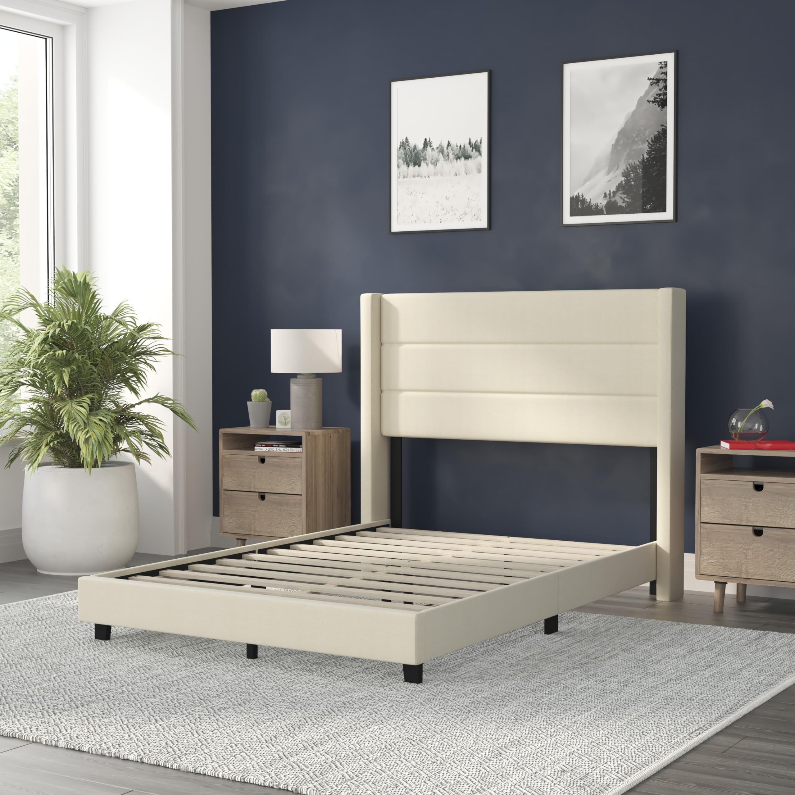 Flash Furniture Hollis Upholstered Platform Bed - Beige Faux Linen Wingback Headboard - Full - Mattress Foundation with Slatted Supports - No Box Spring Needed