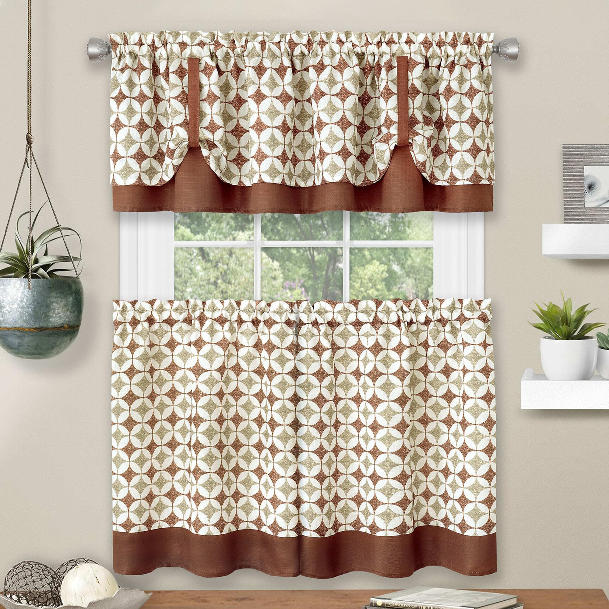 Light Filtering Printed Tier & Valance Window Curtain Set - 58 Inch Width, 24 Inch Length   - Callie (Spice/Tan), Machine Washab