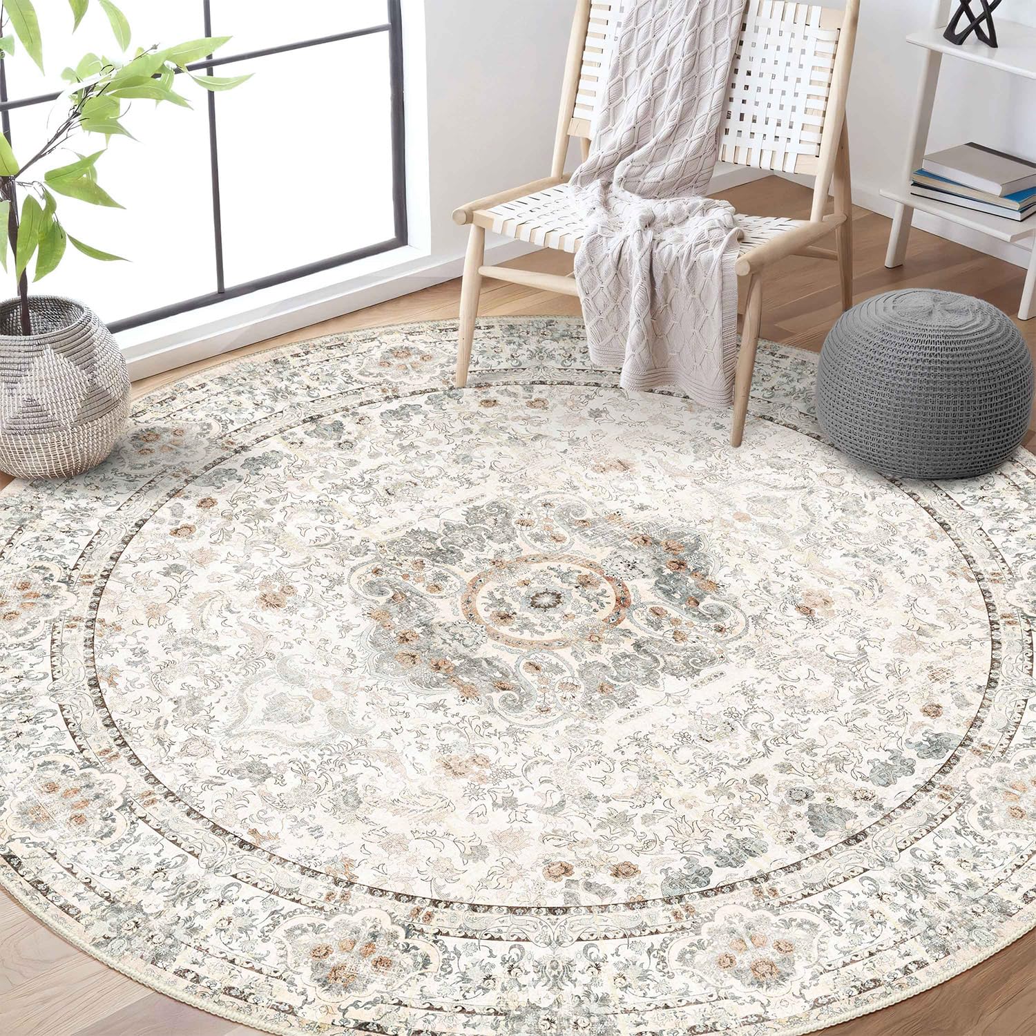 Castage Boho Round Rug 6ft,Washable Circle Area Rugs for Bedroom Living Room,Beige Vintage Bohemian Distressed Oriental Floral C