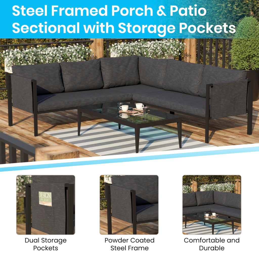 Flash Furniture Lea Indoor/Outdoor Sectional with Cushions - Modern Steel Framed Chair with Dual Storage Pockets, Black with Charcoal Cushions