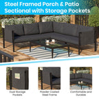 Flash Furniture Lea Indoor/Outdoor Sectional with Cushions - Modern Steel Framed Chair with Dual Storage Pockets, Black with Charcoal Cushions