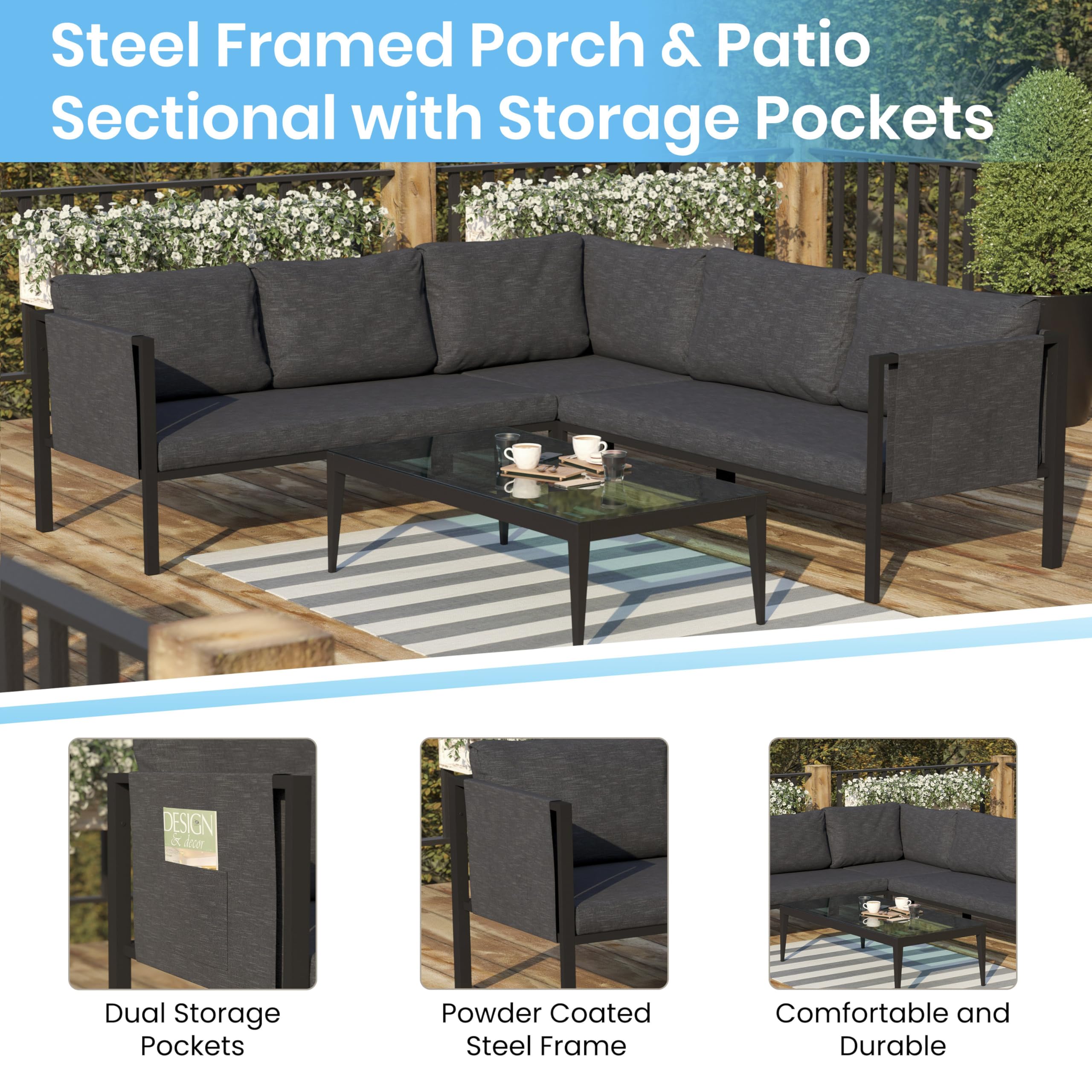Flash Furniture Lea Indoor/Outdoor Sectional with Cushions - Modern Steel Framed Chair with Dual Storage Pockets, Black with Charcoal Cushions