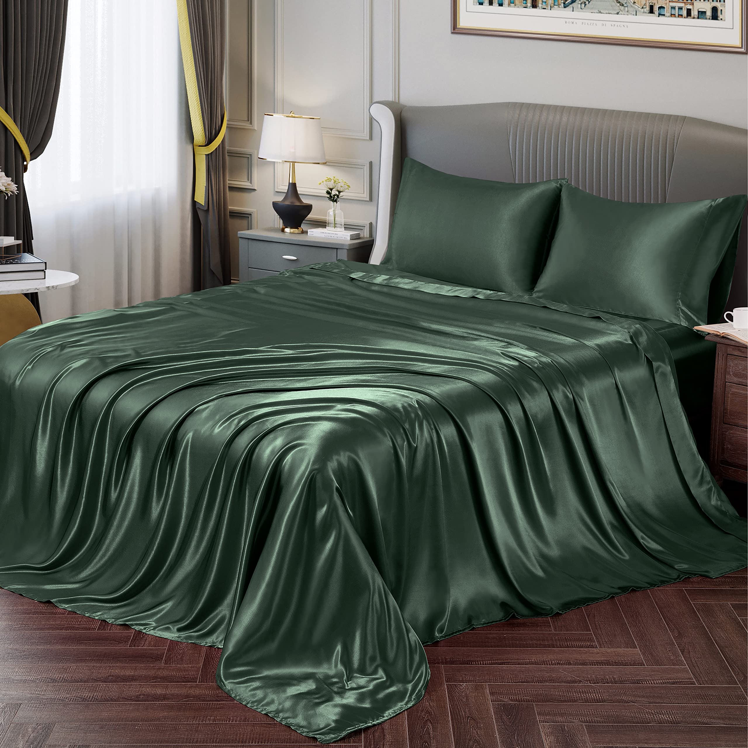 Vonty Satin Sheets Split King Silky Soft Satin Bed Sheets Forest Green Satin Sheet Set, 2 Deep Pocket Fitted Sheet + 1 Flat Shee