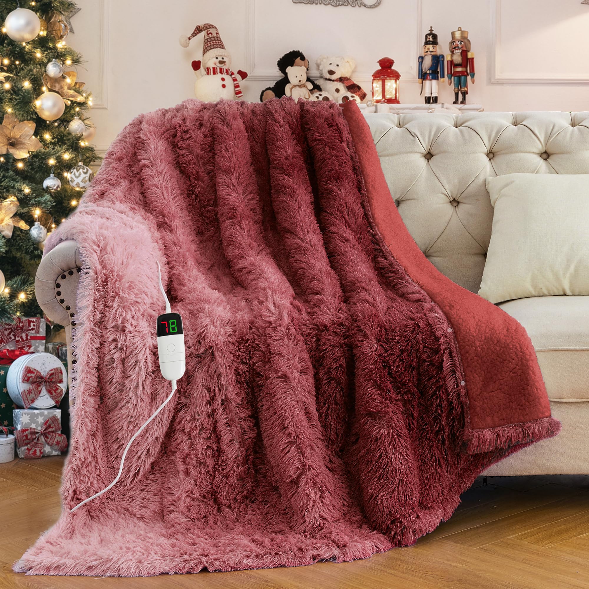 Rujipo Heated Electric Blanket Faux Fur Twin Size With Fluffy Sherpa Back, Warming Plush Blanket Gift Soft Heating Blankets With