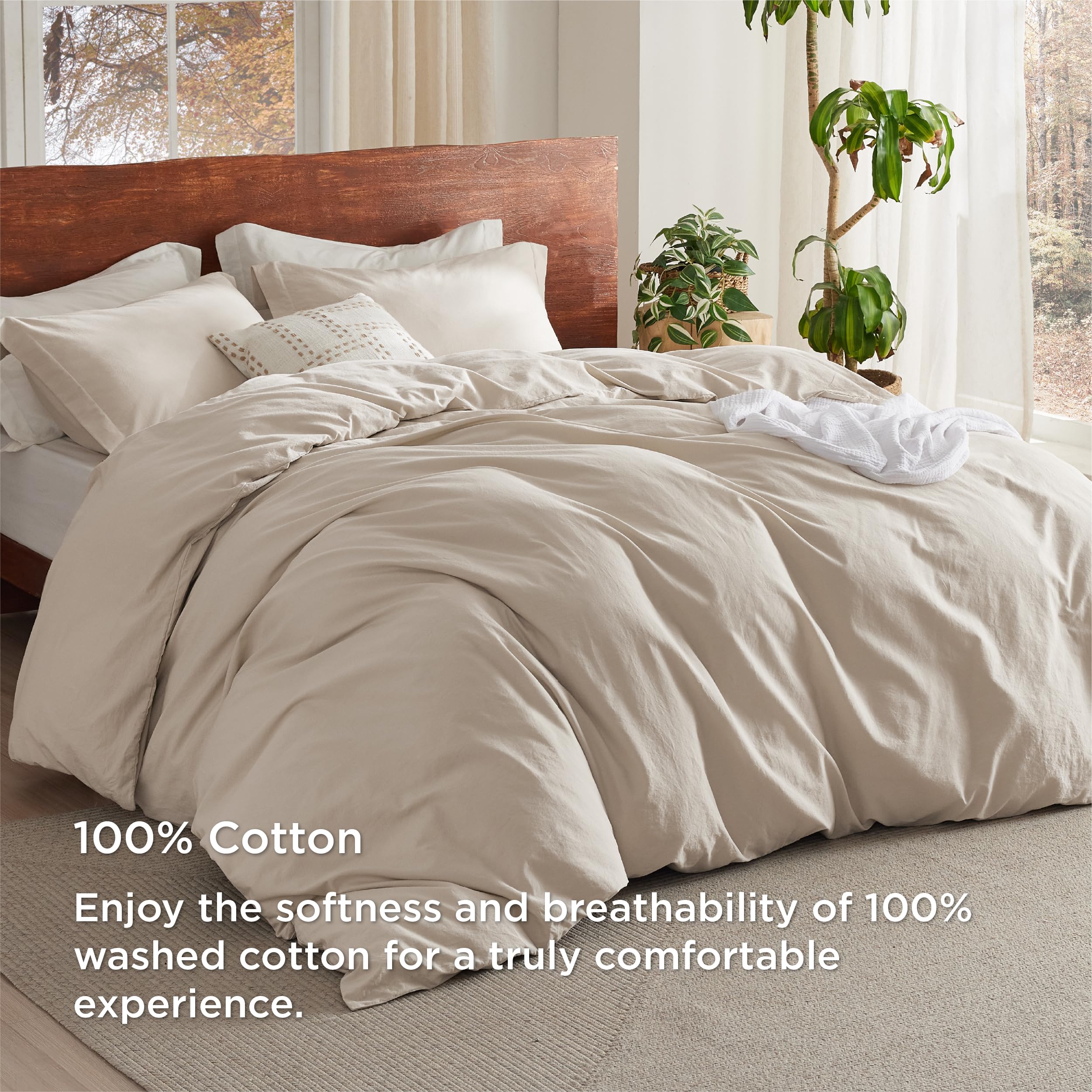 Bedsure 100% Washed Cotton Duvet Cover Full Size - Beige Minimalist Cotton Duvet Cover Set Linen Like - 3 Pieces Gentlesoft™ Plain Simple Bedding Set With 2 Pillow Shams (Beige, Full, 80'X90')