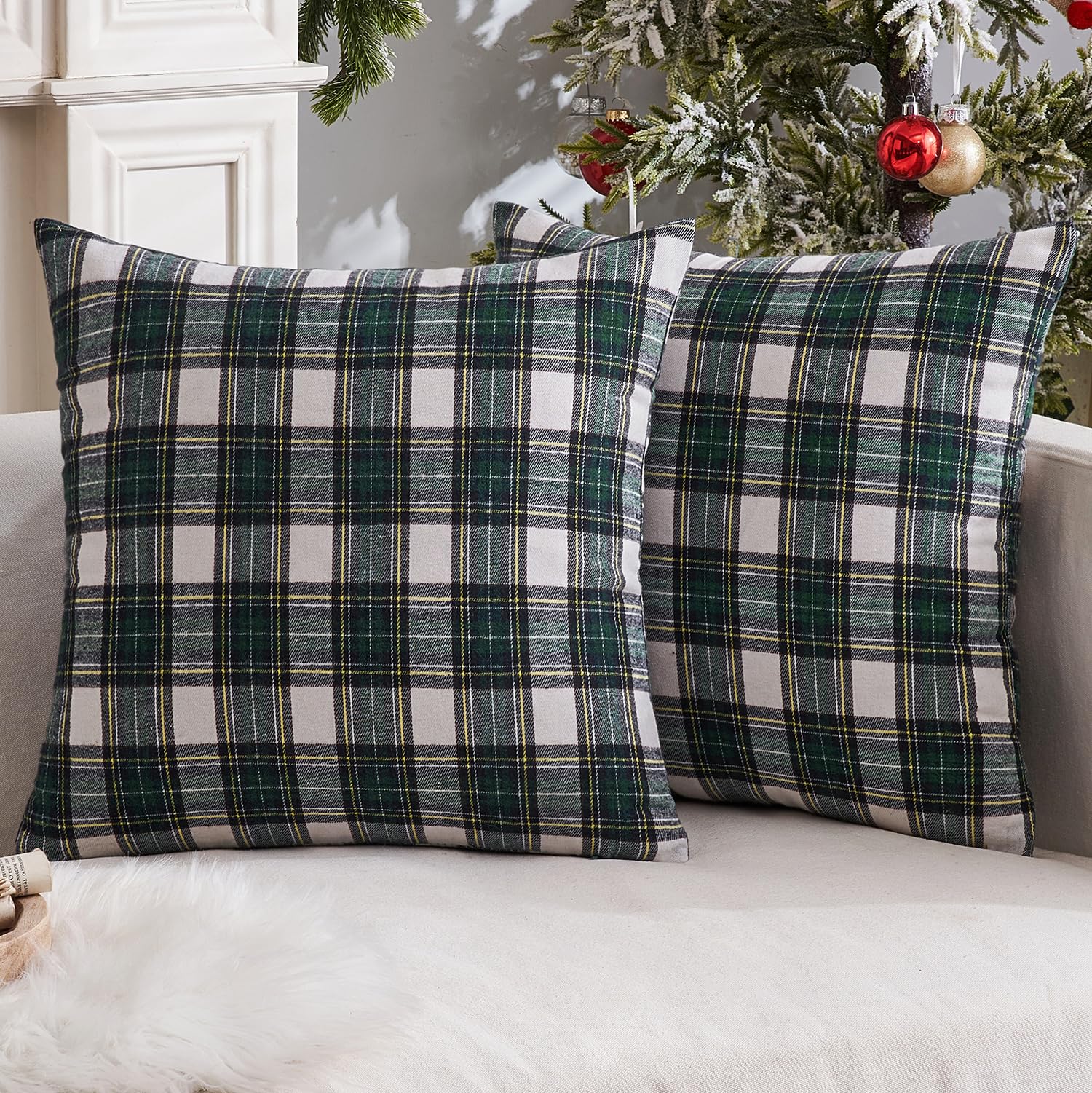 Miulee Christmas Set Of 2 Scottish Tartan Plaid Throw Pillow Covers Farmhouse Classic Decorative Square Cushion Cases For Decor