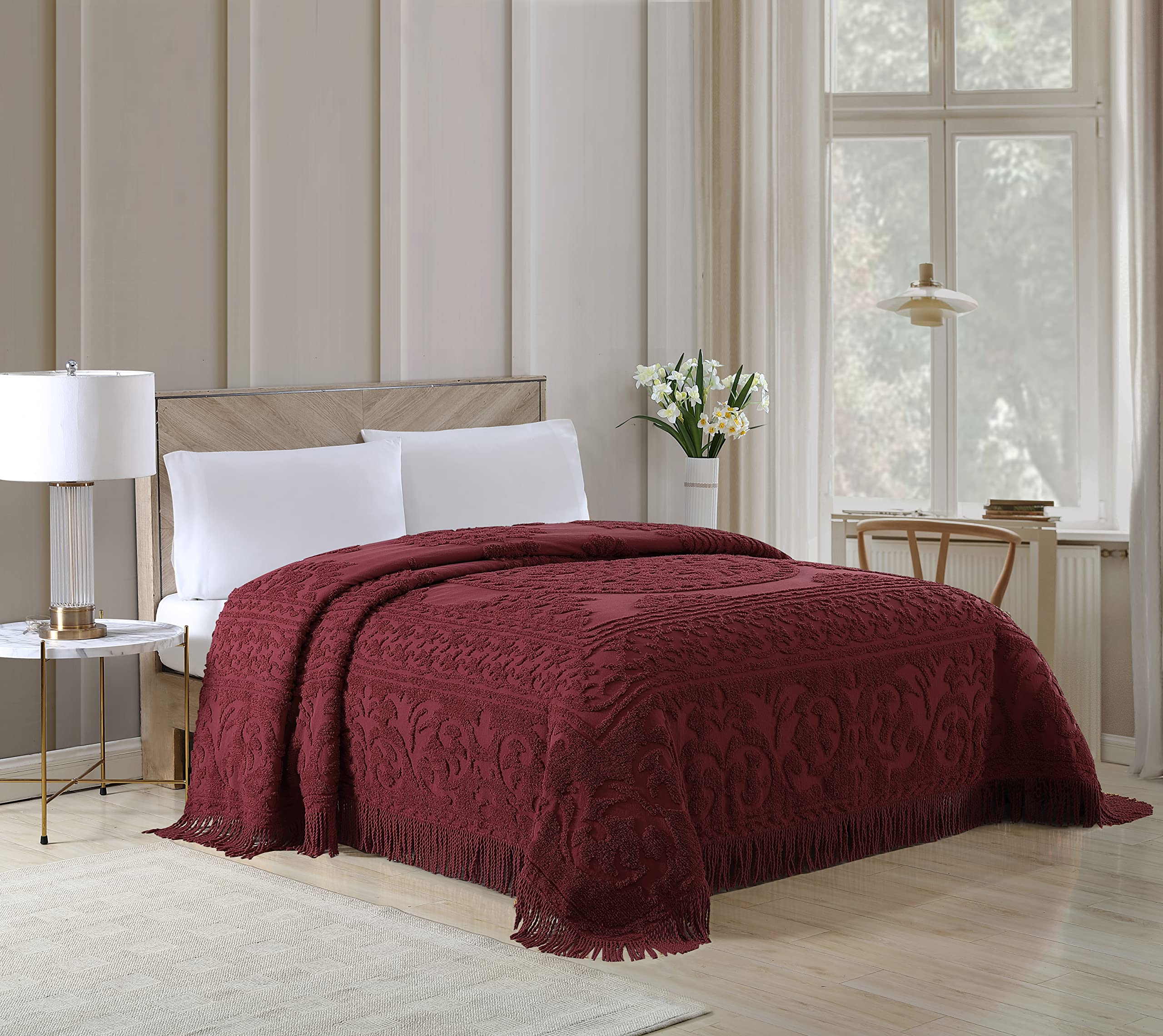 Beatrice Home Fashions Medallion Chenille Bedspread, Twin, Burgundy