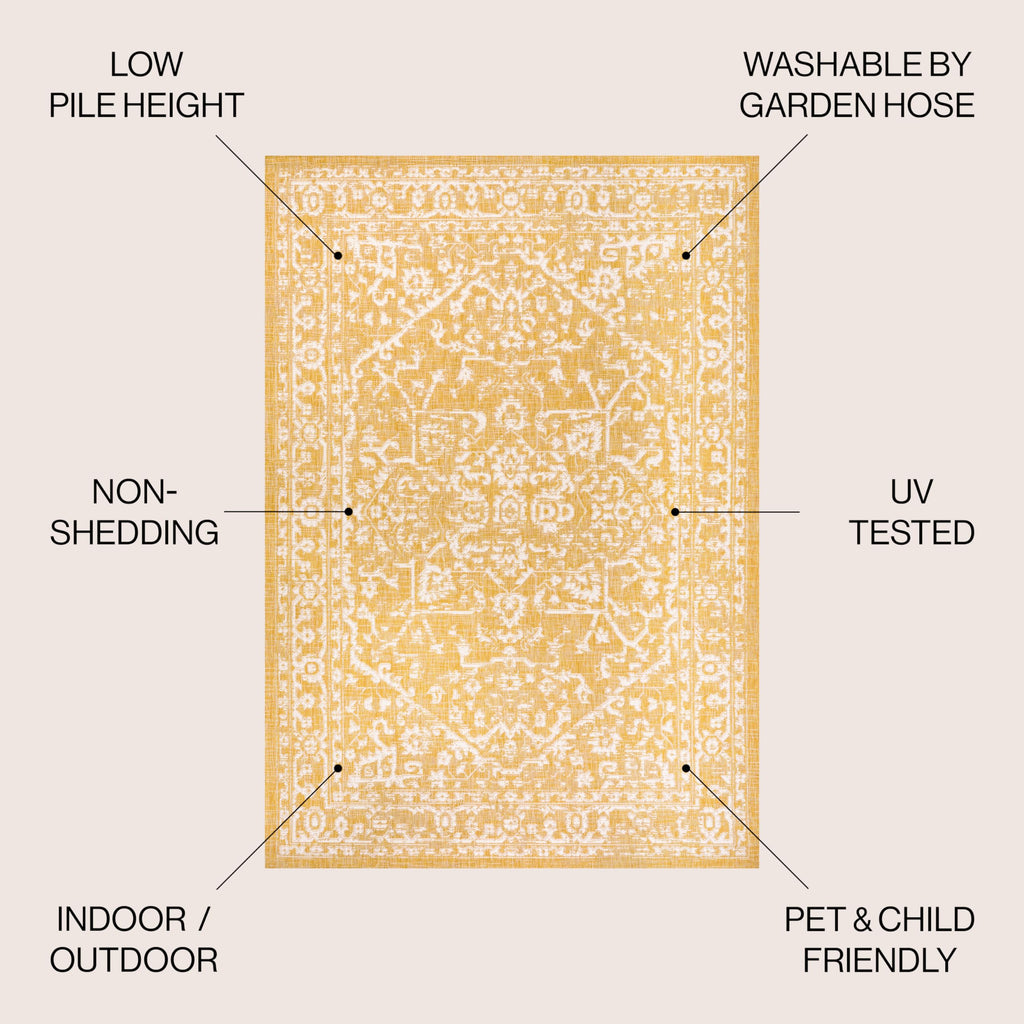 Jonathan Y Smb104G-3 Malta Bohemian Medallion Textured Weave Indoor Outdoor Area-Rug, Coastal Traditional Transitional Easy-Cleaning,Bedroom,Kitchen,Backyard,Patio,Non Shedding, 3 X 5, Yellow/Cream