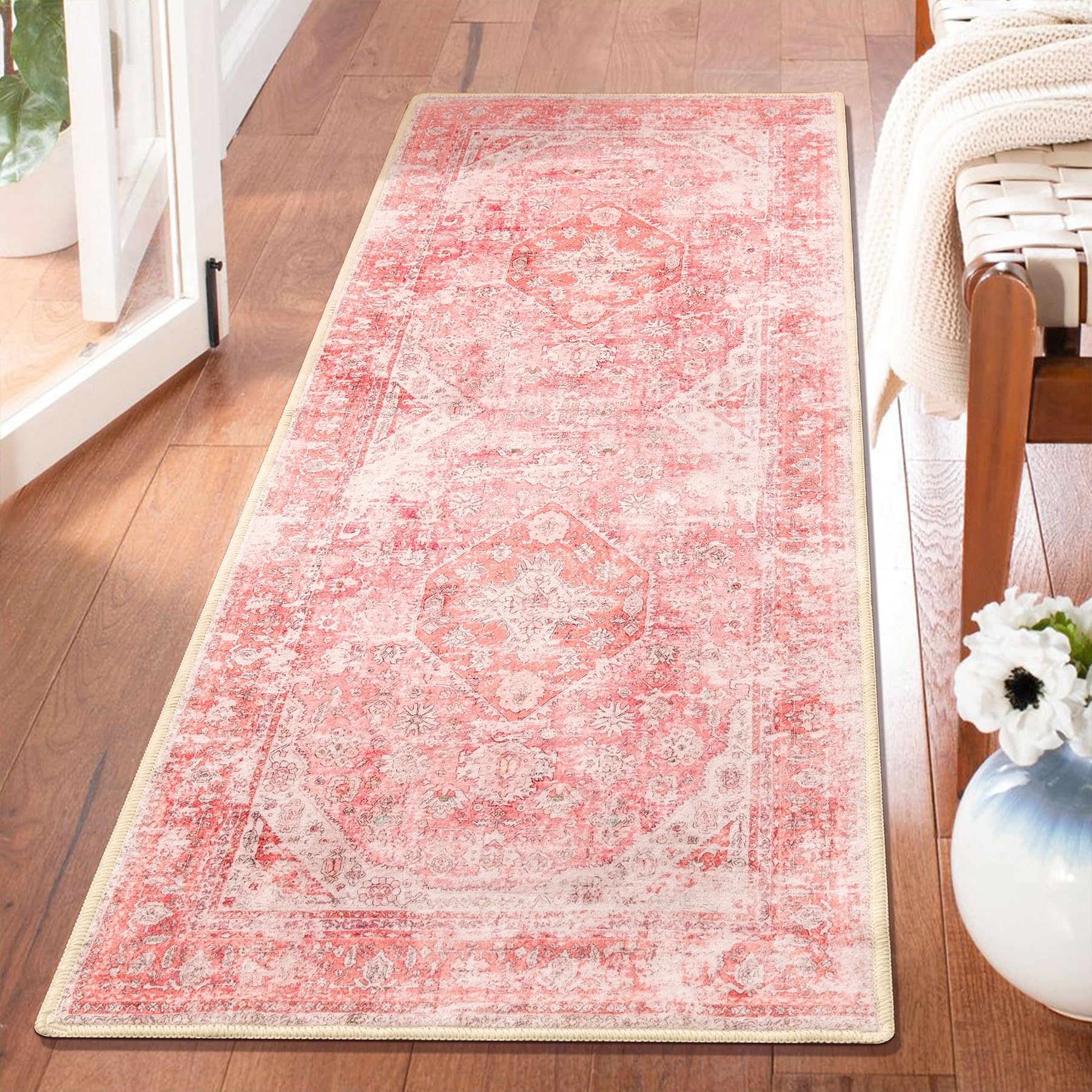MUJOO Pink Runner Rugs for Bedroom Hallways Girls Washable Runner Rug Boho Area Rug Carpet Runner Non Slip Throw Rug for Entrywa