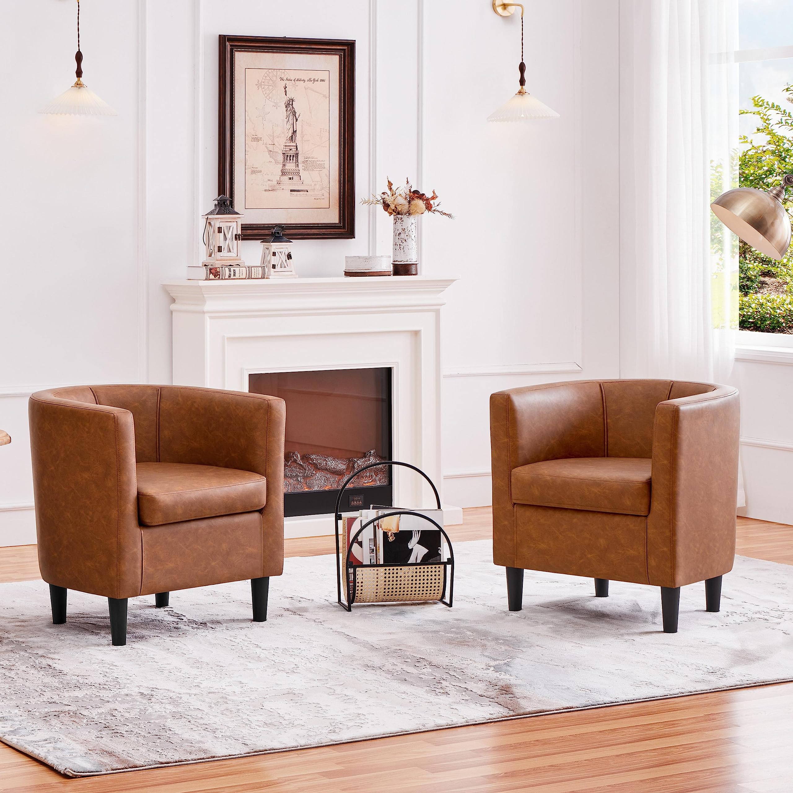 Yaheetech Accent Chair, Pu Leather, Modern And Comfortable Armchairs, Upholstered Barrel Sofa Chair For Living Room Bedroom Waiting Room, 2Pcs, Brown