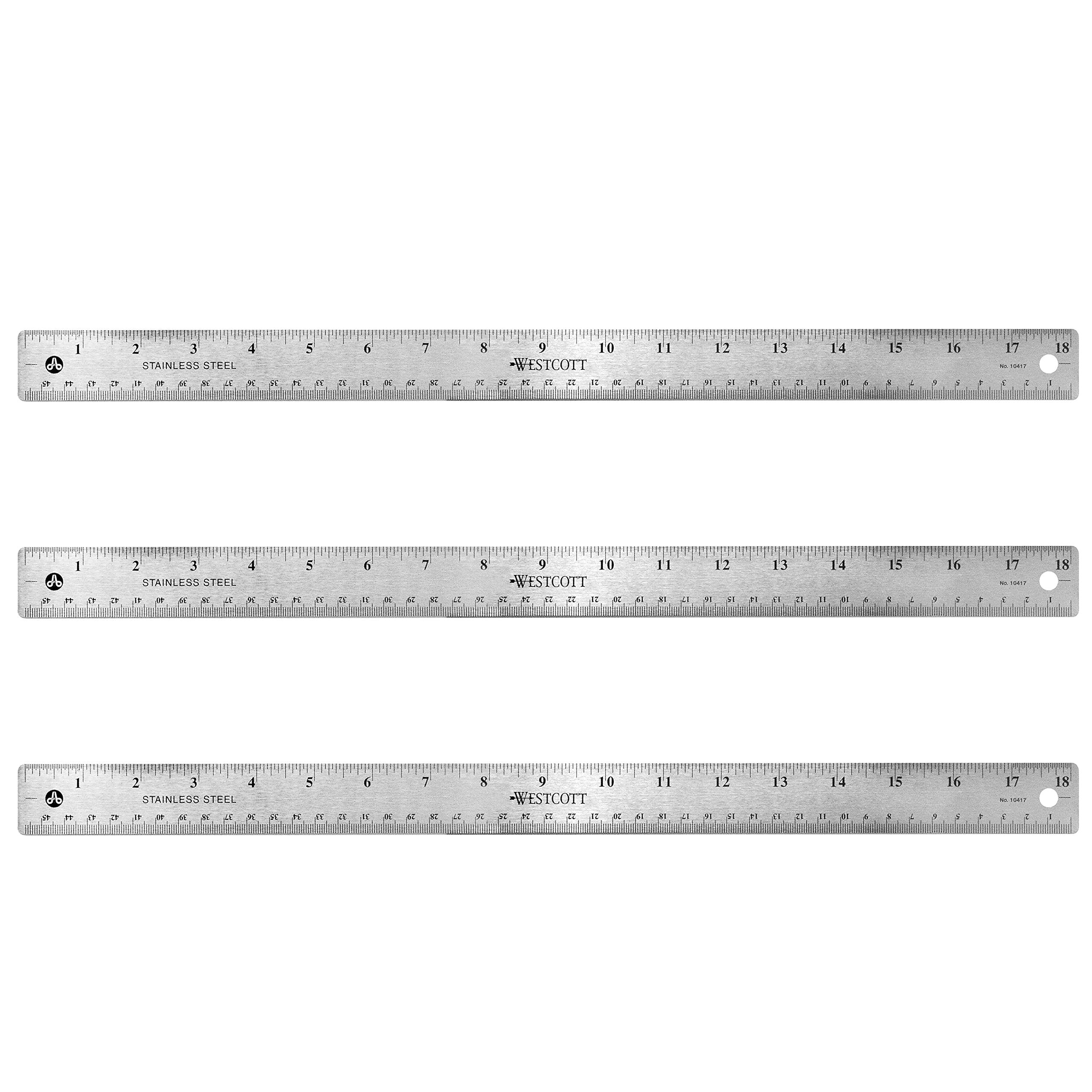 Westcott 17144 Stainless Steel Metal Ruler With Non-Slip Cork Base, 18 In, 3 Pack