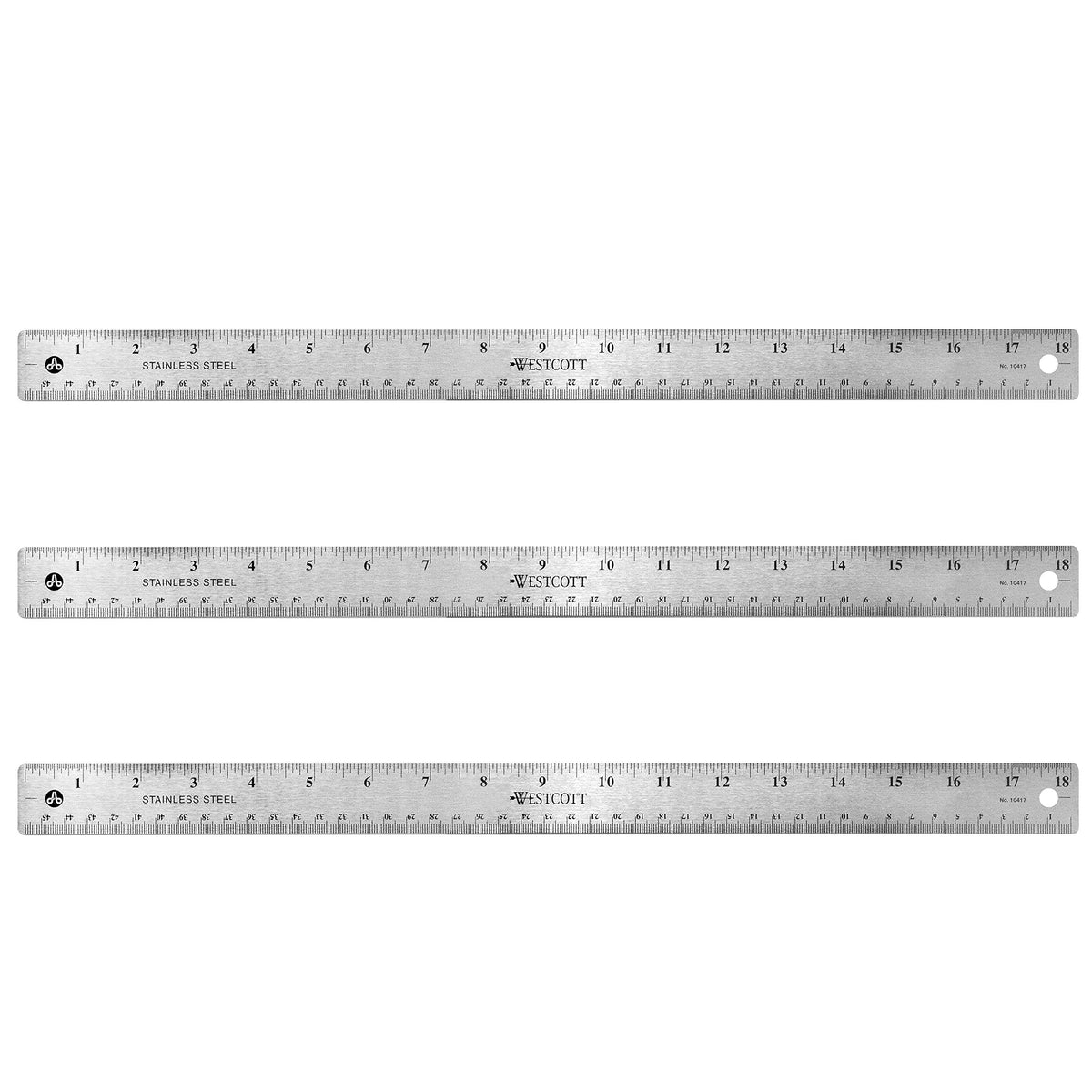 Westcott 17144 Stainless Steel Metal Ruler With Non-Slip Cork Base, 18 In, 3 Pack