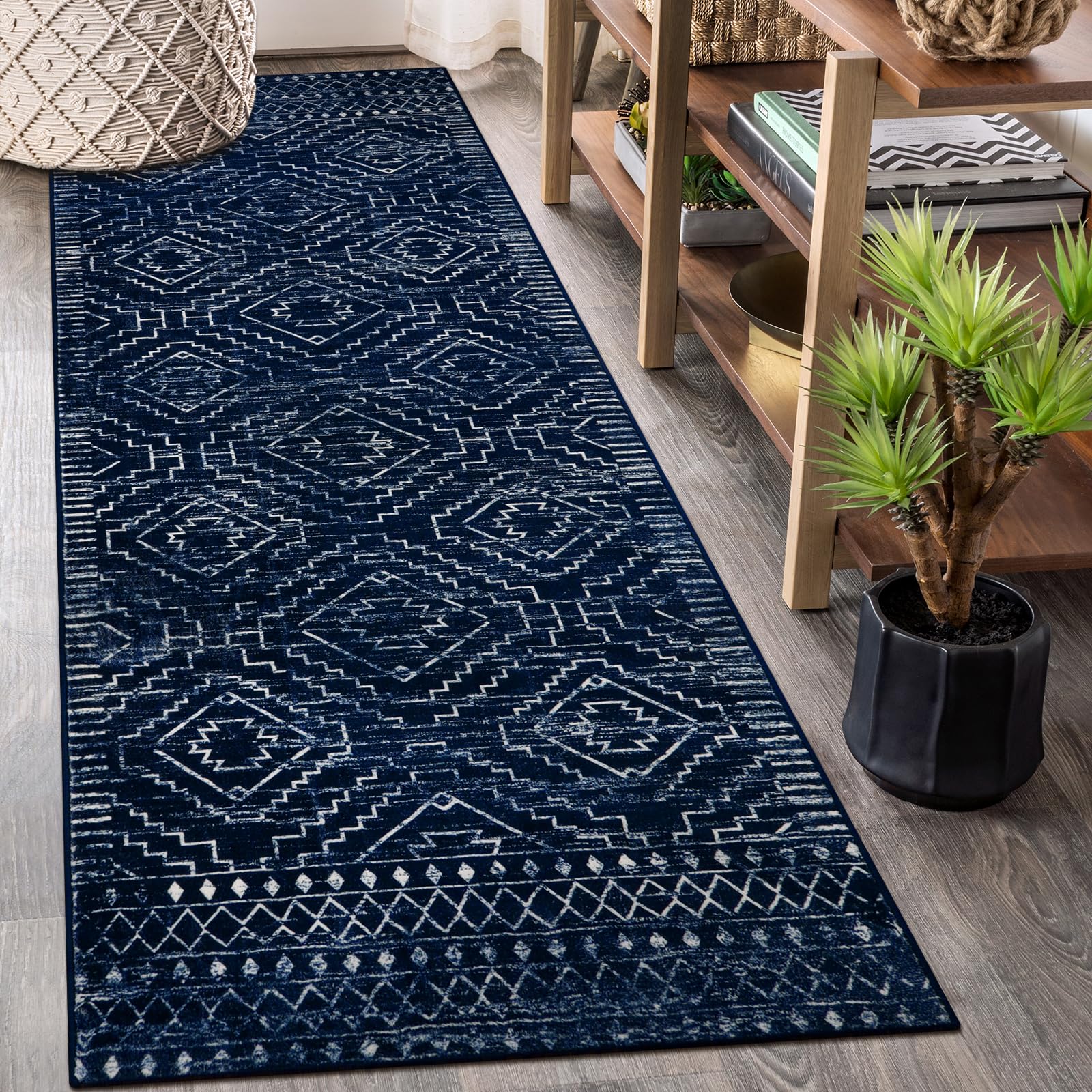 Wonnitar Washable Runner Rug for Kitchen, 26x8 Moroccan Blue Hallway Carpet Runner, Non-Slip Long Geometric Rustic Entryway Fl