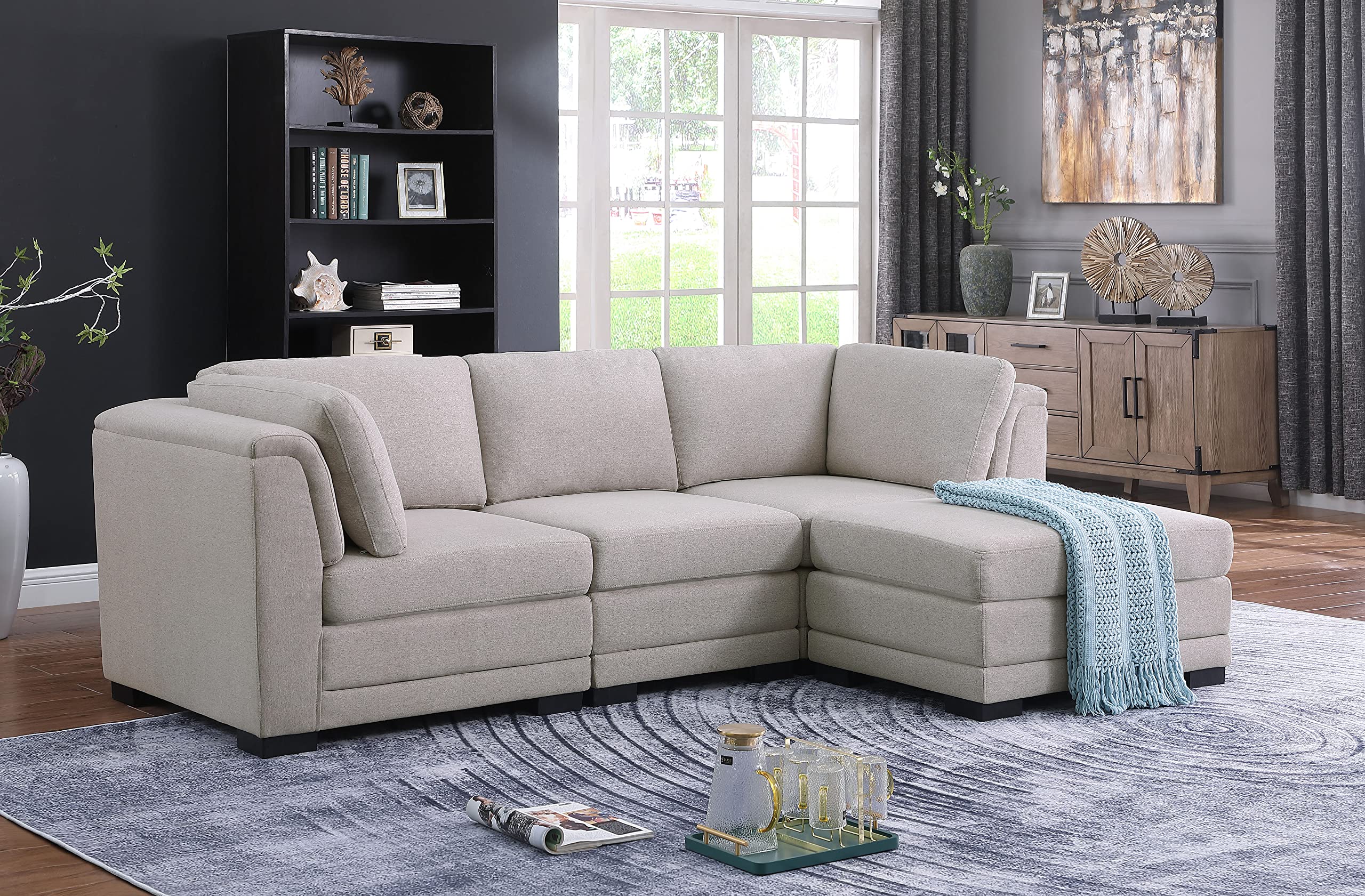 Lilola Home Kristin Light Gray Linen Fabric Reversible Sectional Sofa with Ottoman