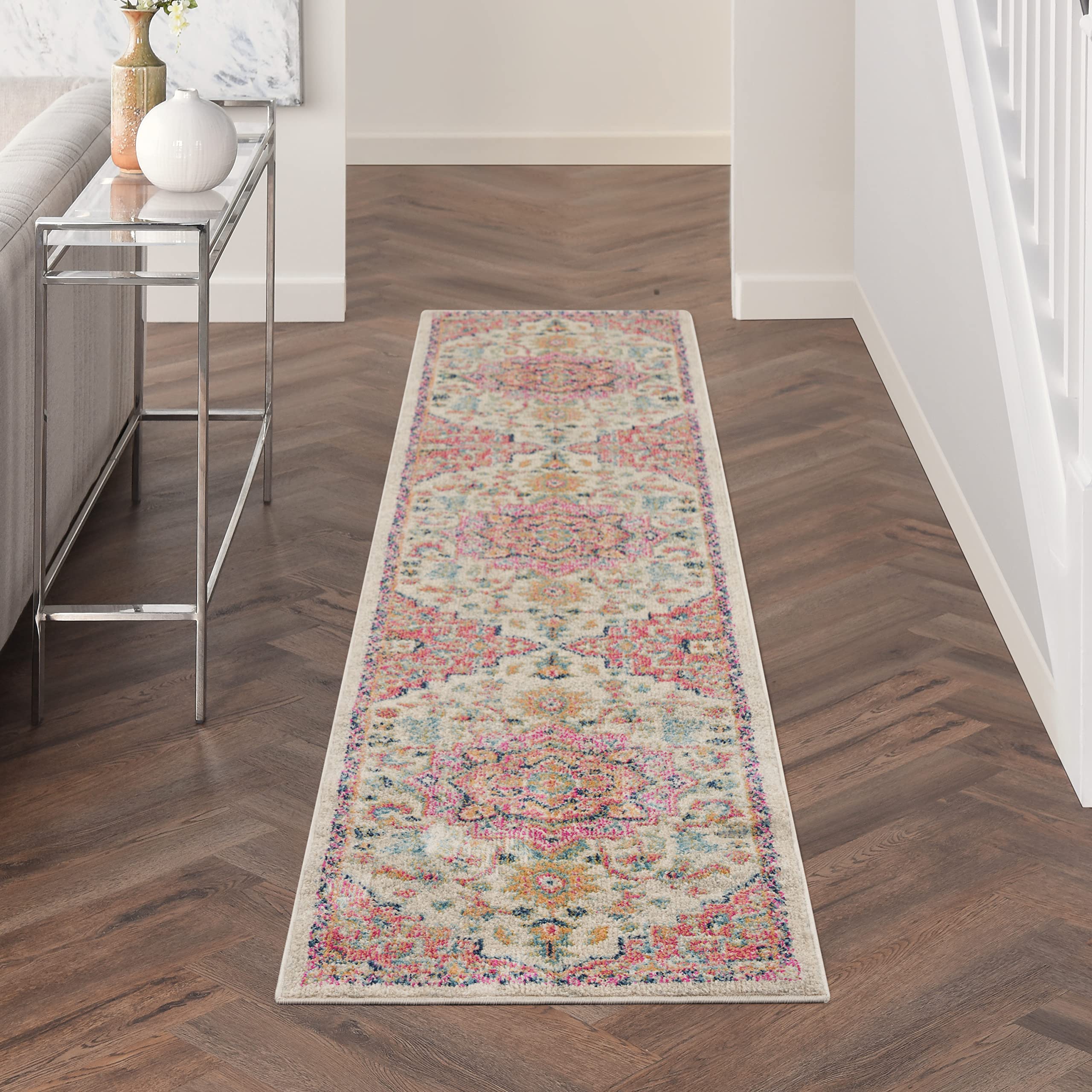 Nourison Passion Ivory/Pink 22 x 10 Area -rug, Boho, Moroccan, Bed Room, Living Room, Dining Room, Kitchen, Easy -cleaning, No
