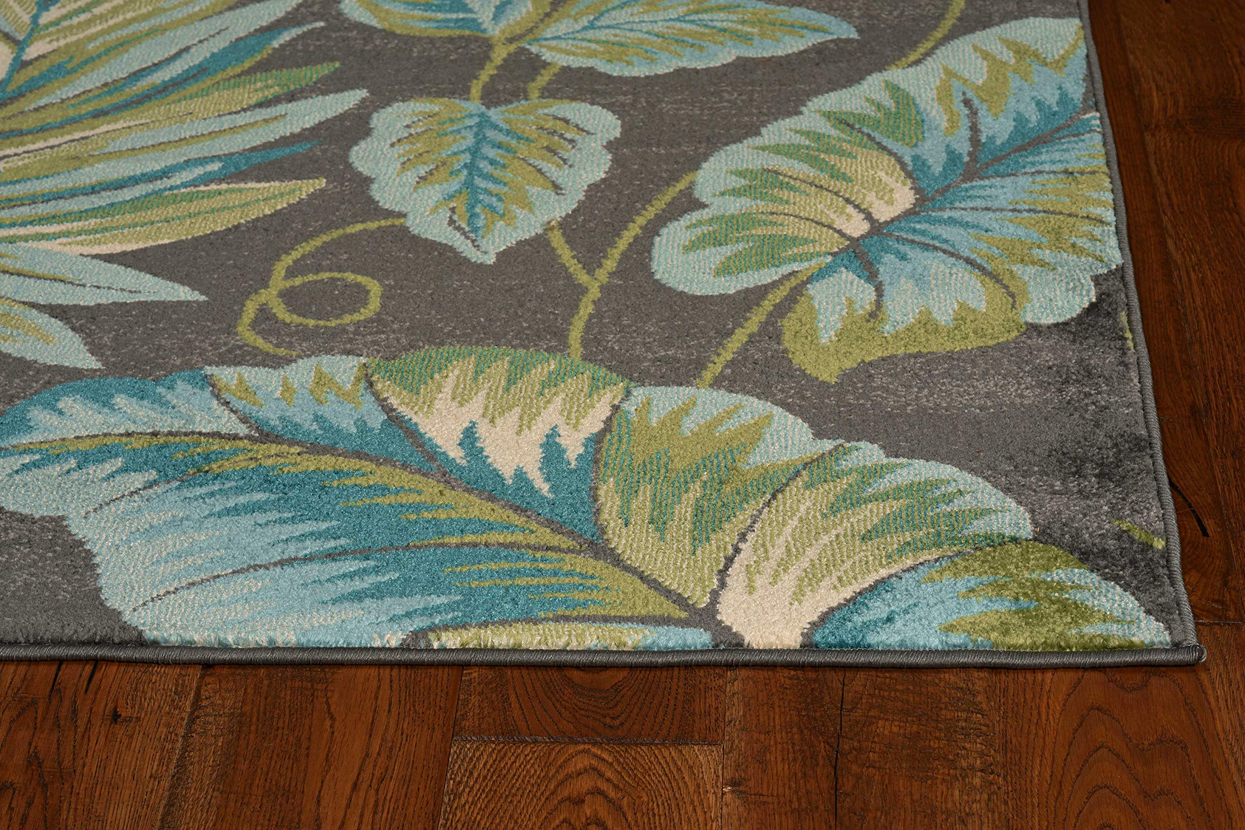 HomeRoots 8'X11' Grey Teal Machine Woven Oversized Tropical Leaves Indoor Area Rug