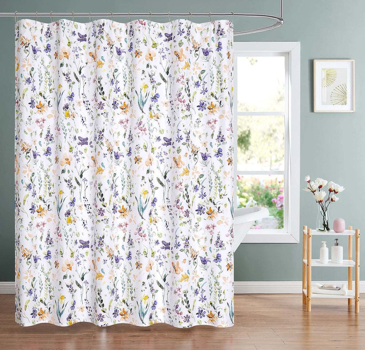 Fragrantex White Watercolor Floral Fabric Shower Curtains Spring Multi Botanical Design Water Resistant Soft Cotton Feel 70' W