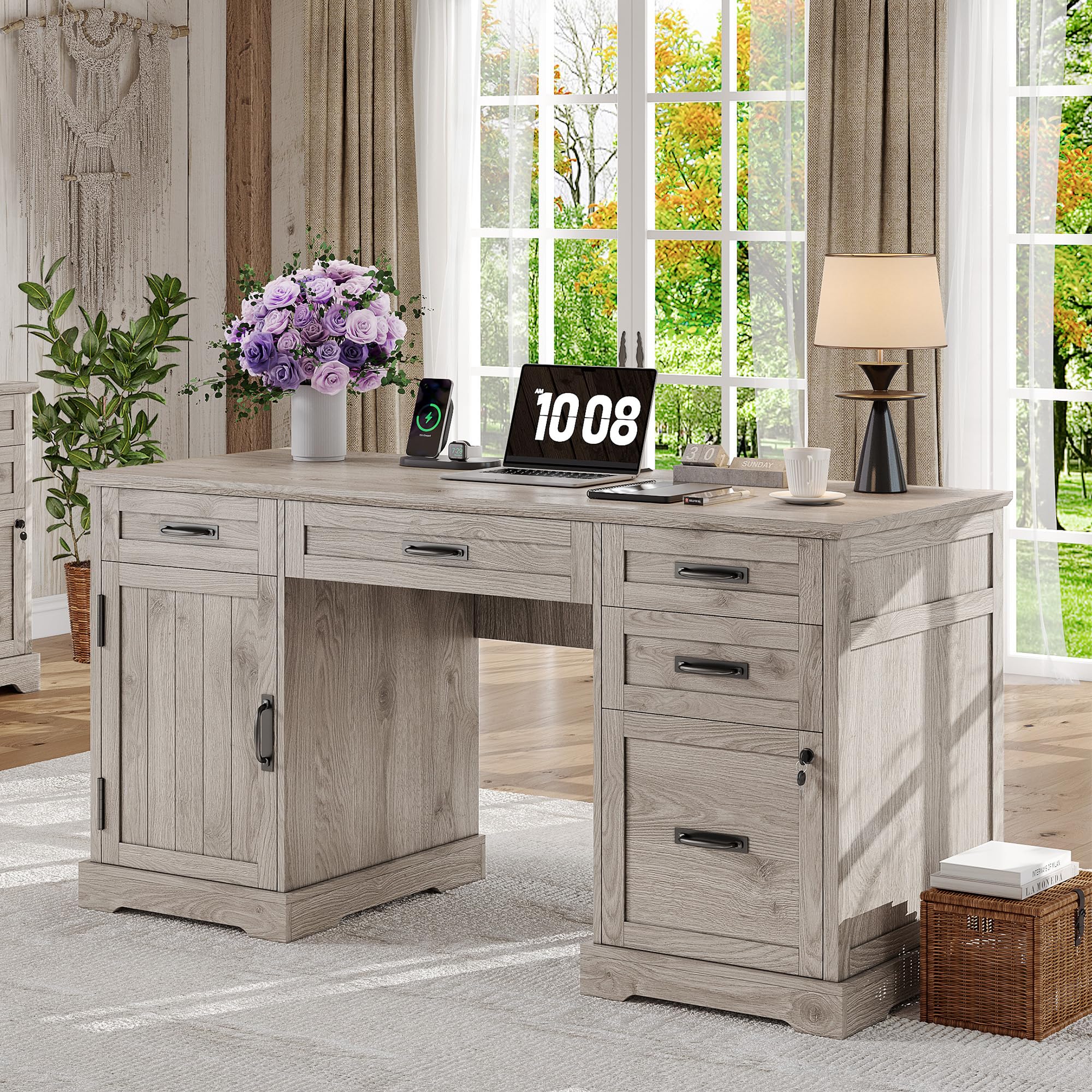 Whalefall 55   Farmhouse Desk Home Office with Drawers, Executive Computer Desk Wooden with File Cabinet and Charging Station,