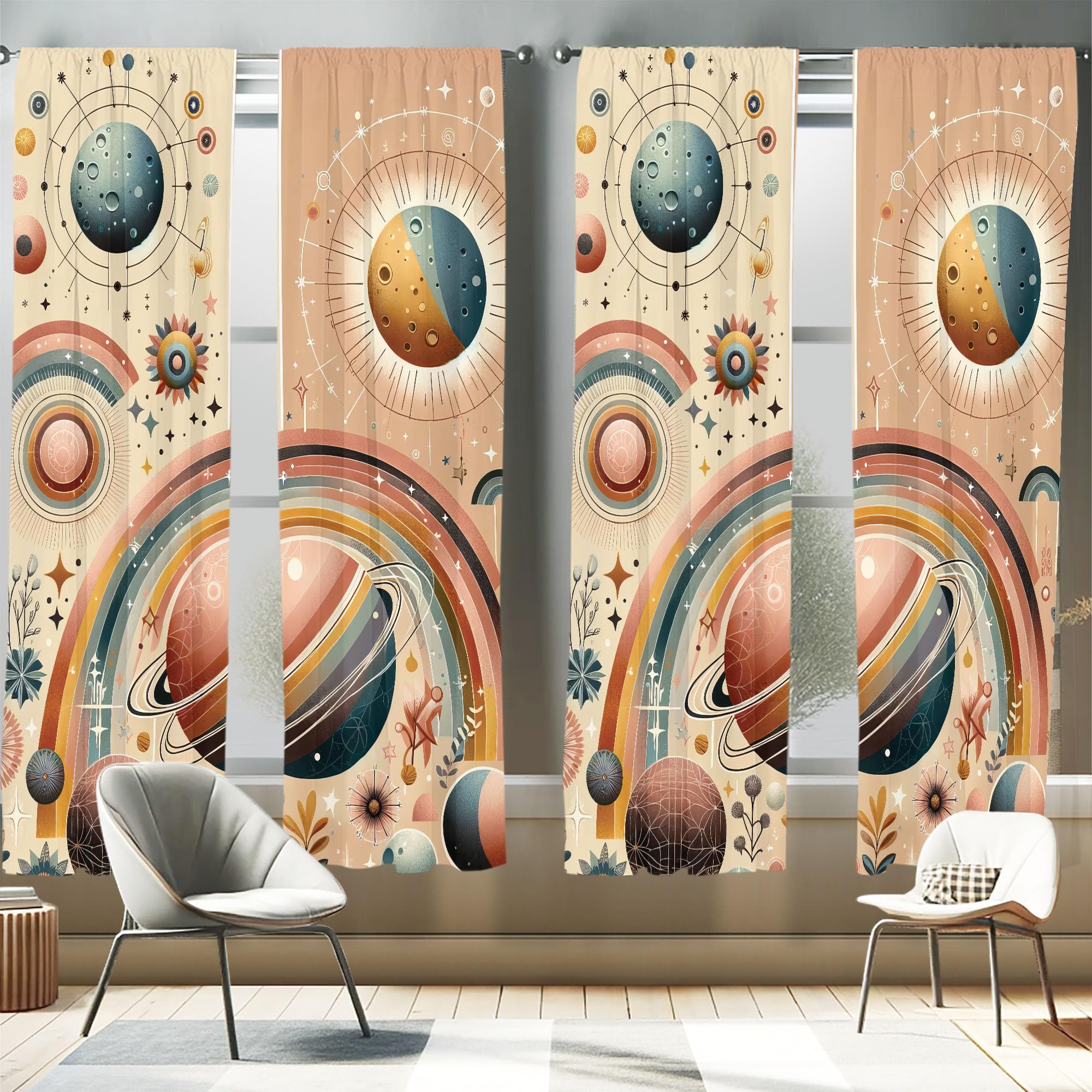 Ambesonne Planets Window Curtains Pack Of 2, Modern Scandi Themed Leafy Rainbows Starry Atmosphere And Globes Artwork, Lightweig
