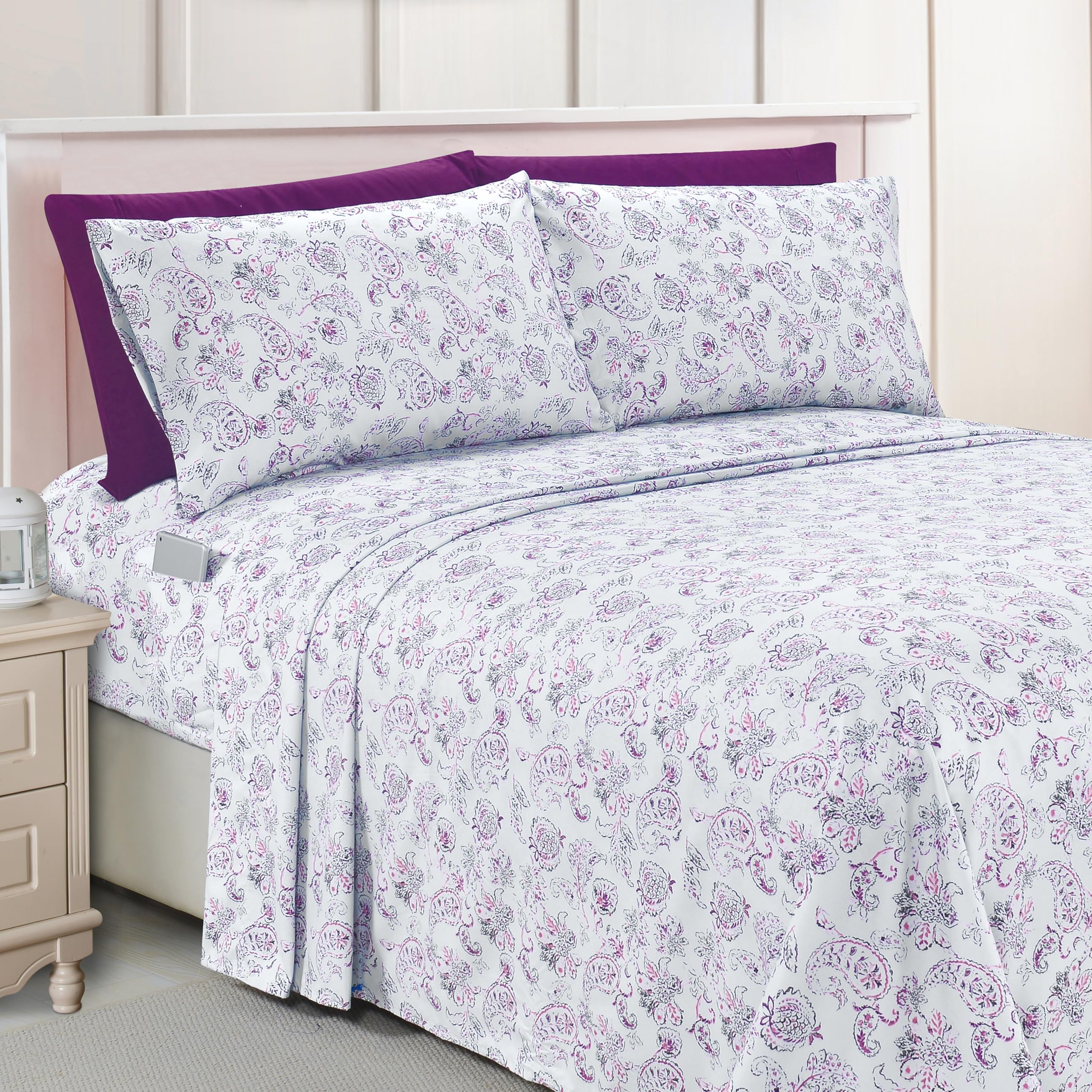 Elegant Comfort Luxury Soft Bed Sheets Paisley Pattern - 1500 Premium Hotel Quality Microfiber Softness Wrinkle And Fade Resistant (6-Piece) Bedding Set, Queen, Paisley Purple