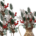 BANBERRY DESIGNS Pine Berry Christmas Picks with White Pip and Red Holly Berries - Set of 10 - Pinecone Floral Sprays with Benda