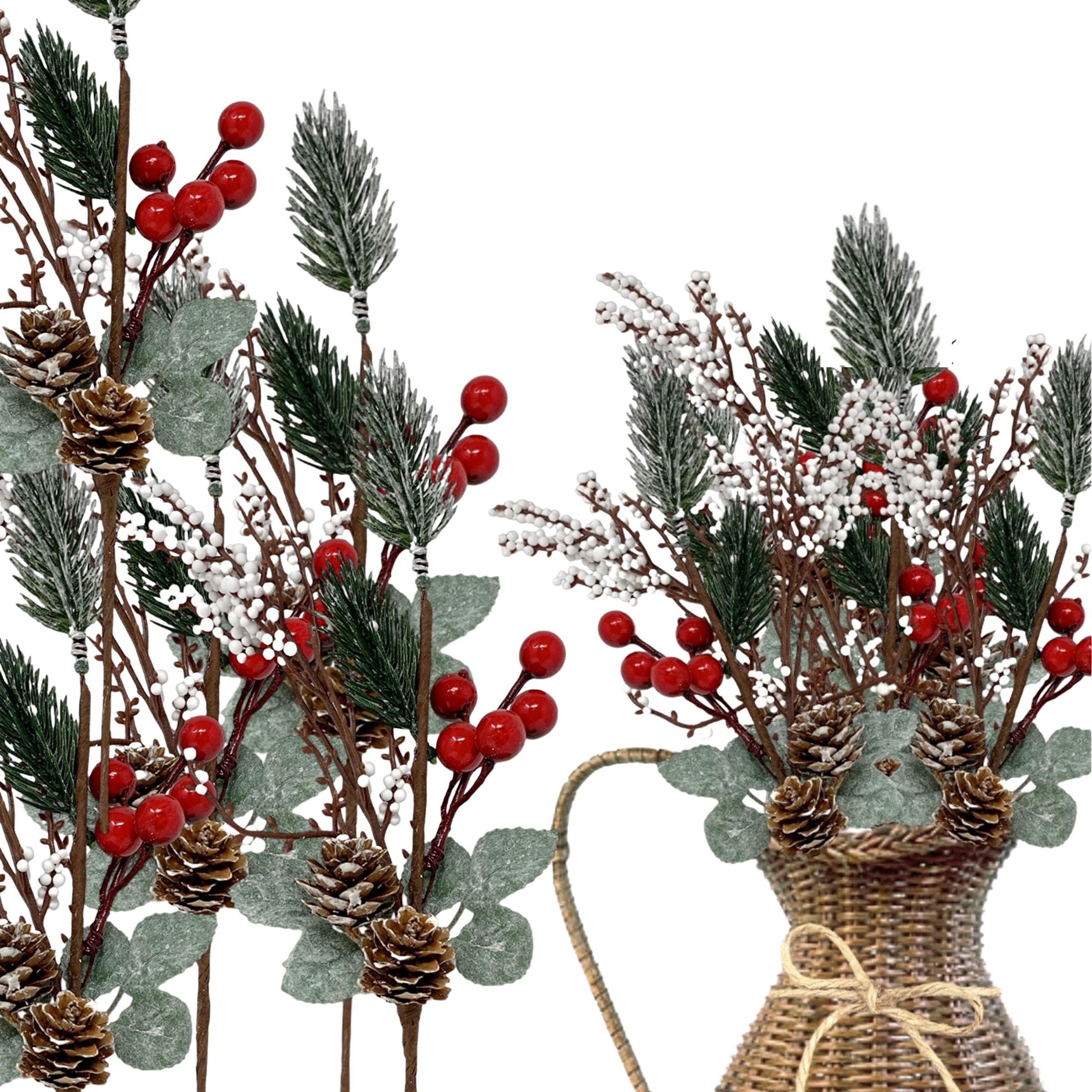 BANBERRY DESIGNS Pine Berry Christmas Picks with White Pip and Red Holly Berries - Set of 10 - Pinecone Floral Sprays with Benda