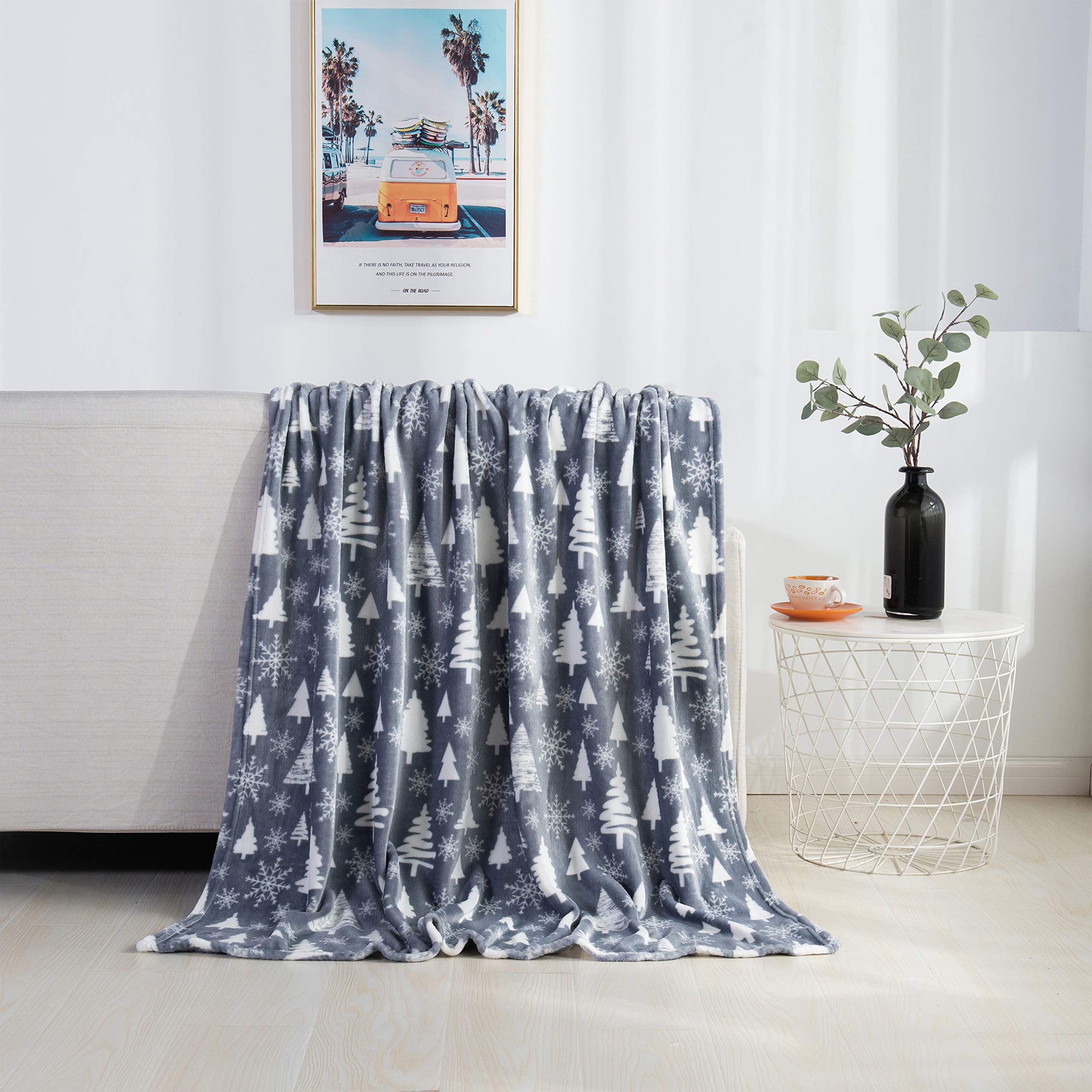 Elegant Comfort Velvet Touch Ultra Plush Christmas Holiday Printed Fleece Throw/Blanket-50 X 60Inch, (Gray Christmas Tree)