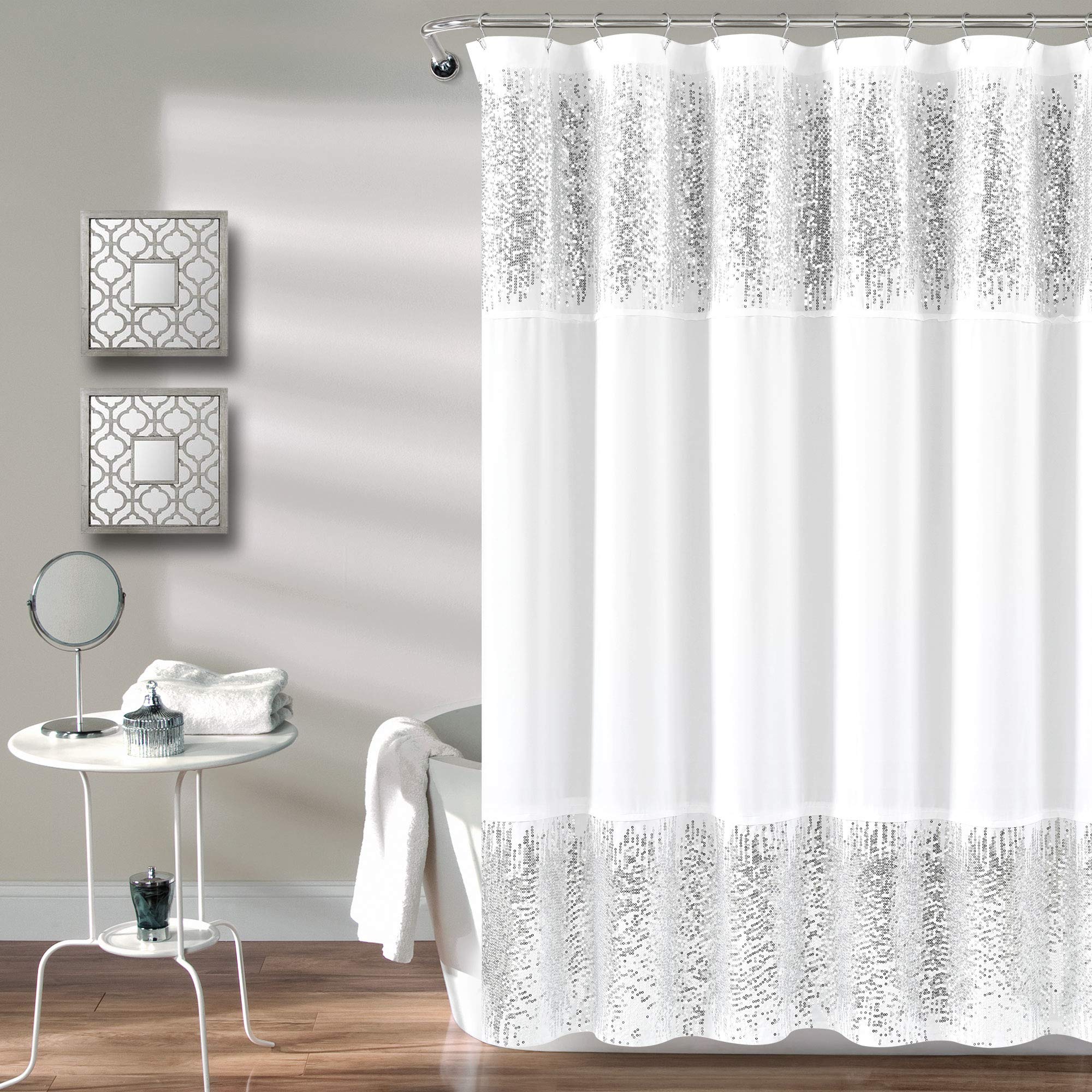 Lush Decor 1 Shimmer Sequins Shower Curtain | Chic Sparkle Design For Bathroom, 70    X 72   , Silver And White, 70' X 72'