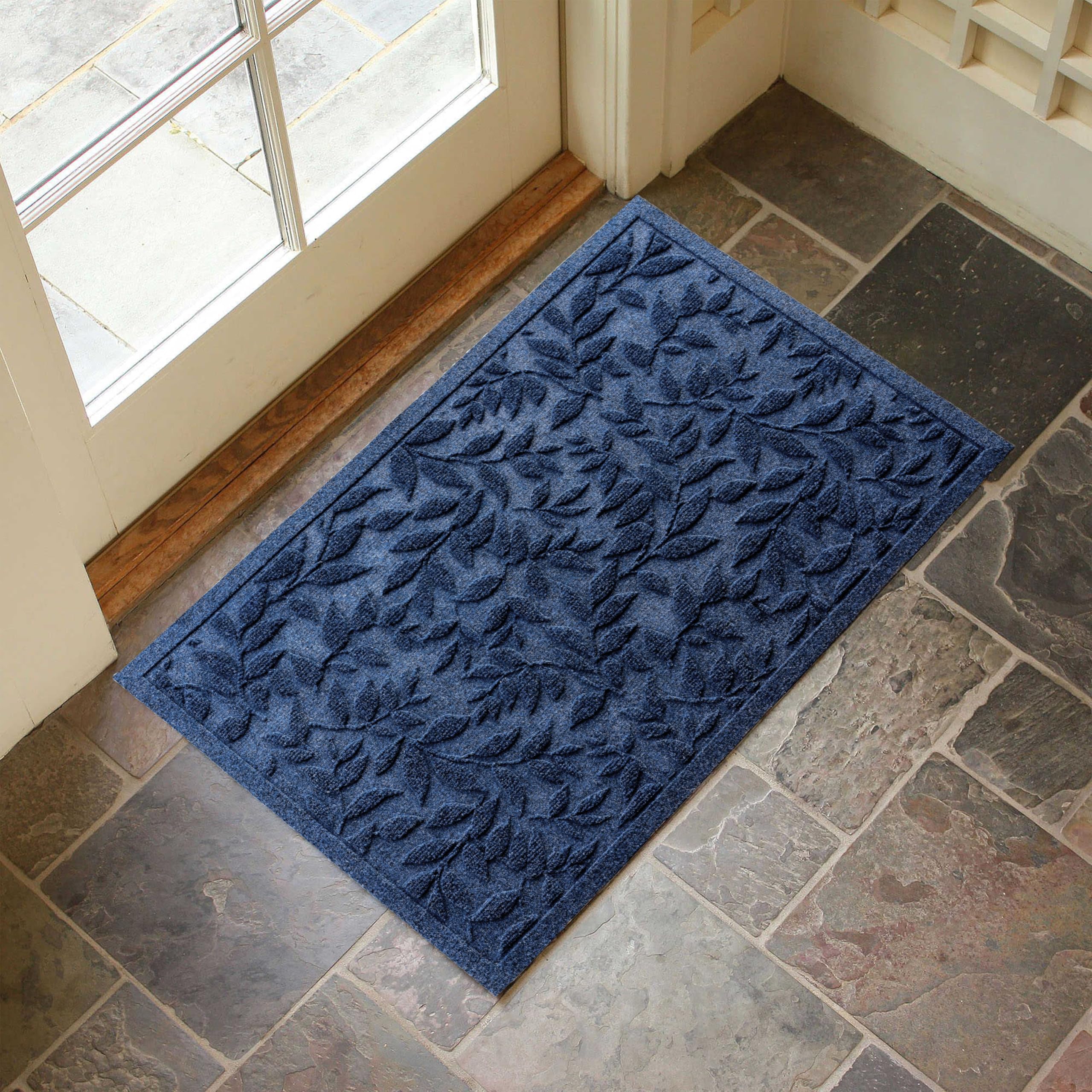 Vivanest Blue Leaves Outdoor Indoor Entrance Doormats, Absorbent Durable Heavy Duty Welcome Front Door Mat,Thick Natural Rubber