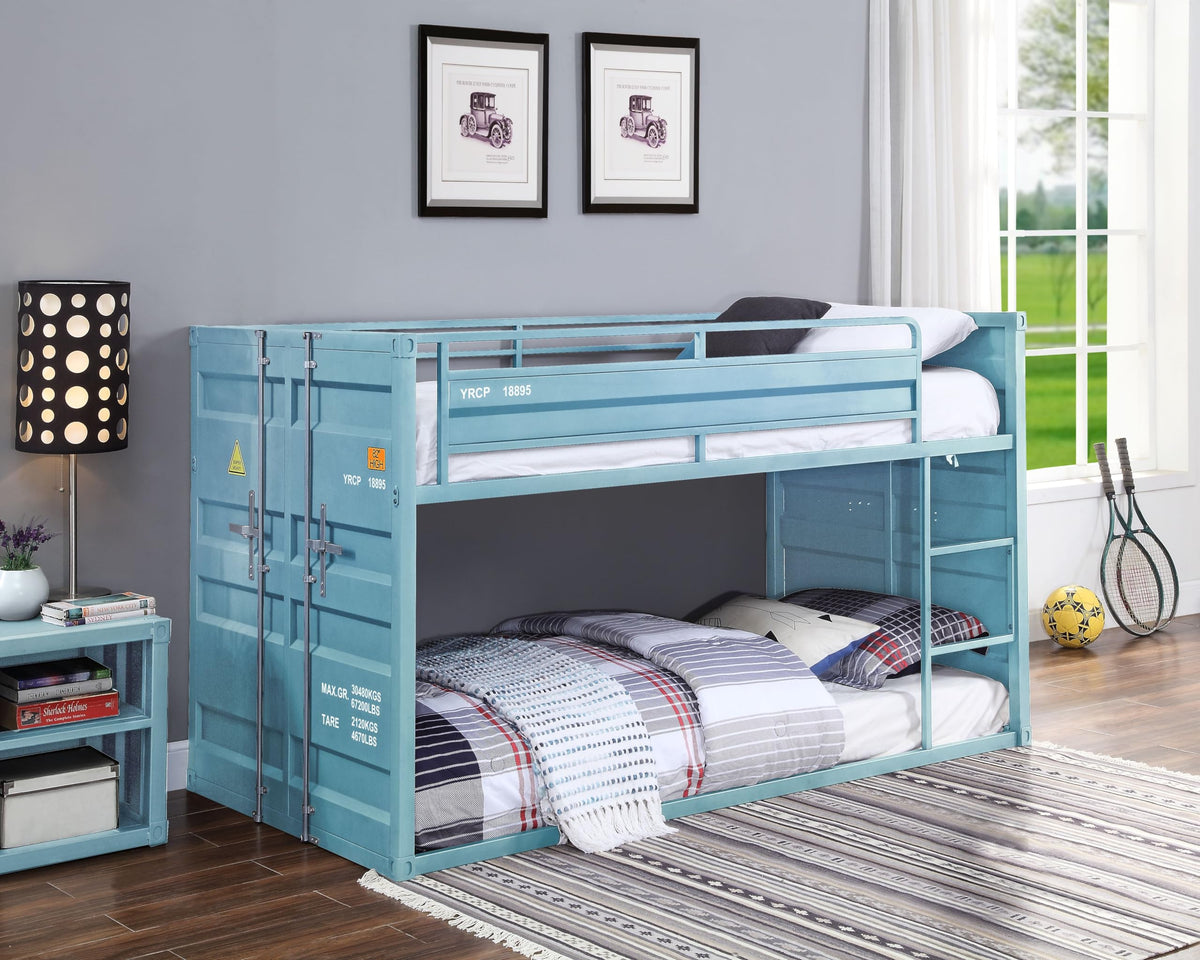 Acme Cargo Container Style Metal Twin Over Twin Bunk Bed in Aqua Blue