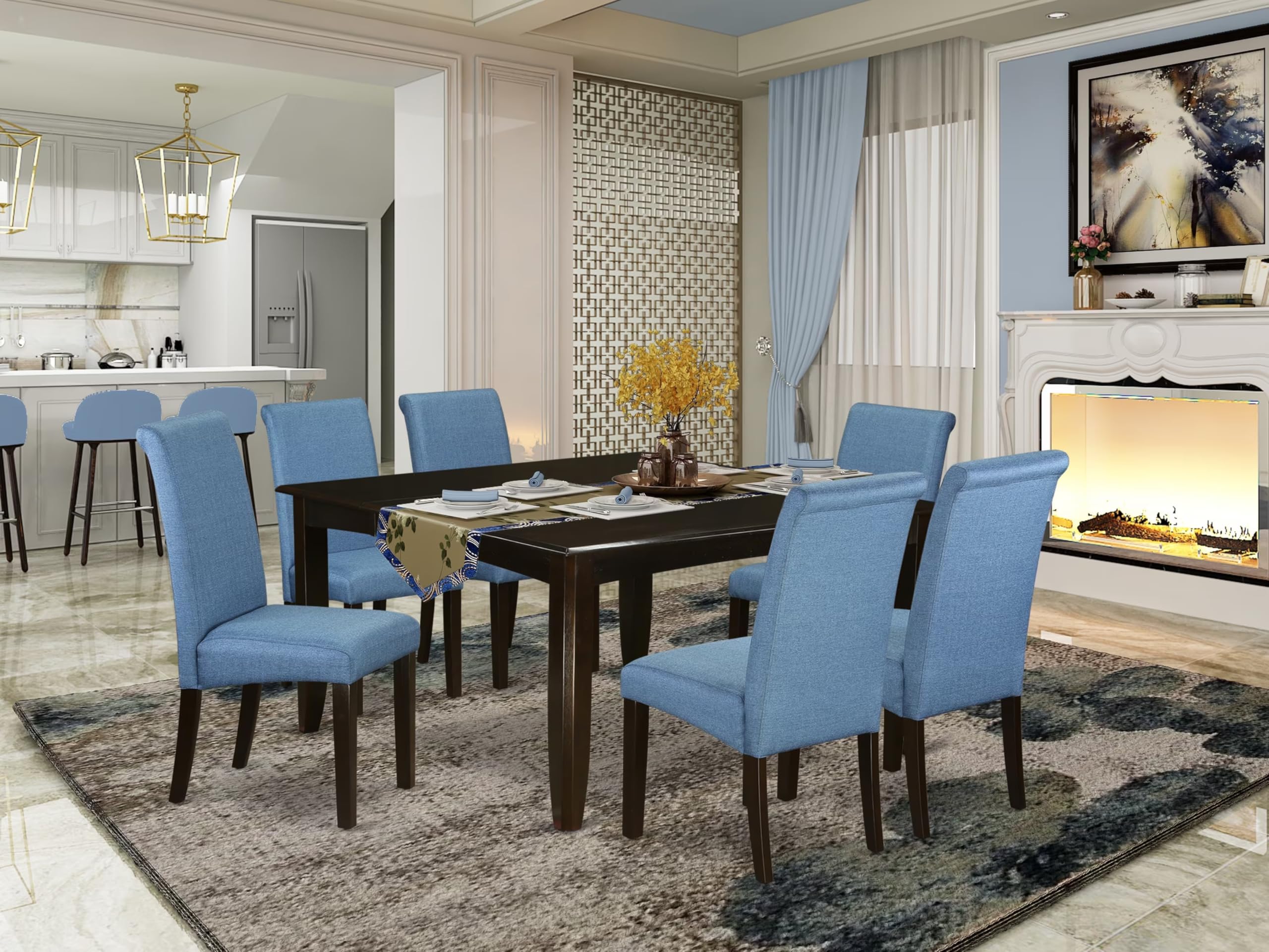 East West Furniture Pfba7-Cap-21 7 Piece Dinette Set Consist Of A Square Dining Room Table With Butterfly Leaf And 6 Blue Color Linen Fabric Upholstered Chairs, 54X54 Inch, Cappuccino
