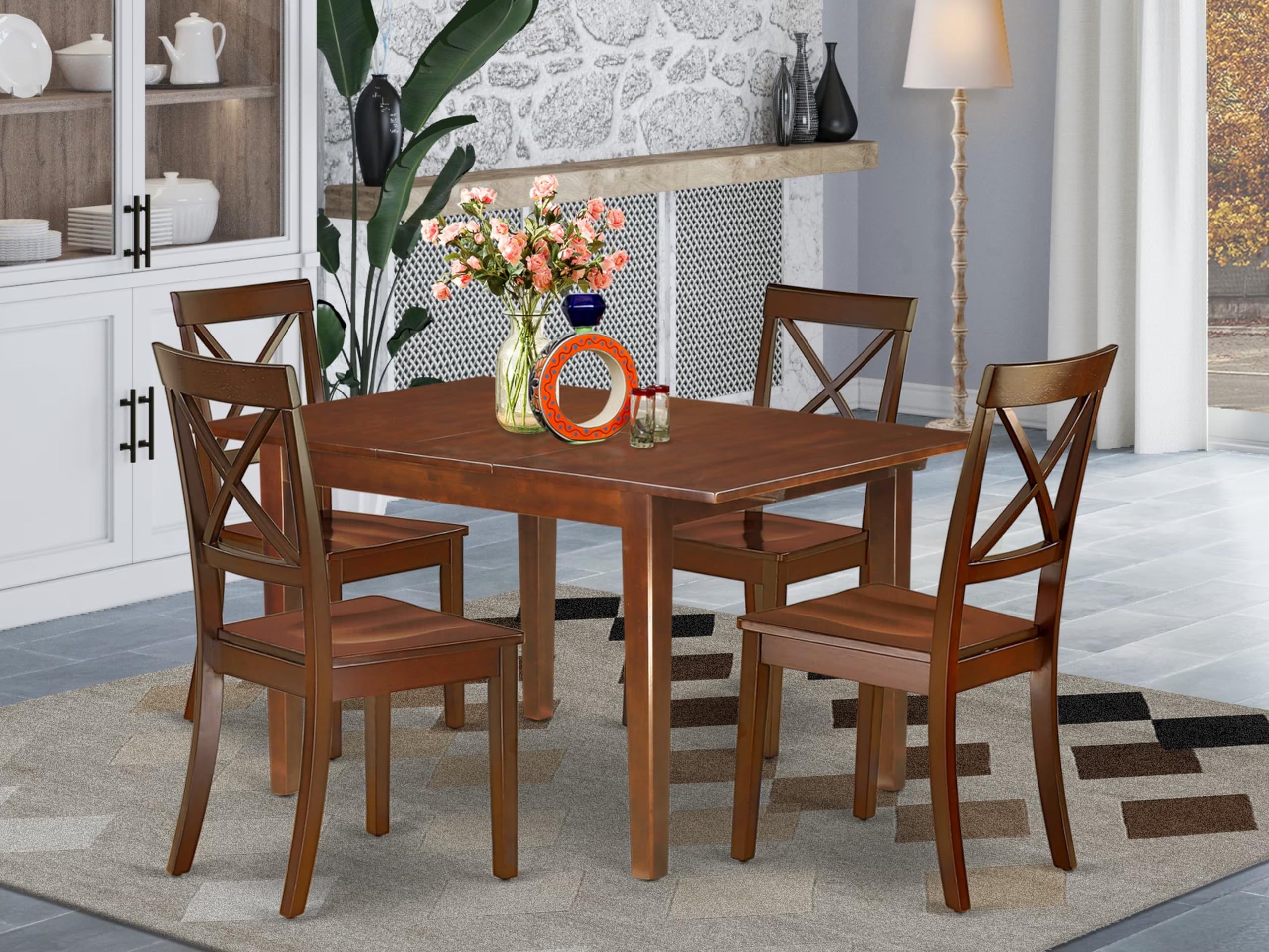 East West Furniture Mlbo5-Mah-W 5 Piece Dining Set Includes A Rectangle Dining Room Table With Butterfly Leaf And 4 Wood Seat Chairs, 36X54 Inch, Mahogany