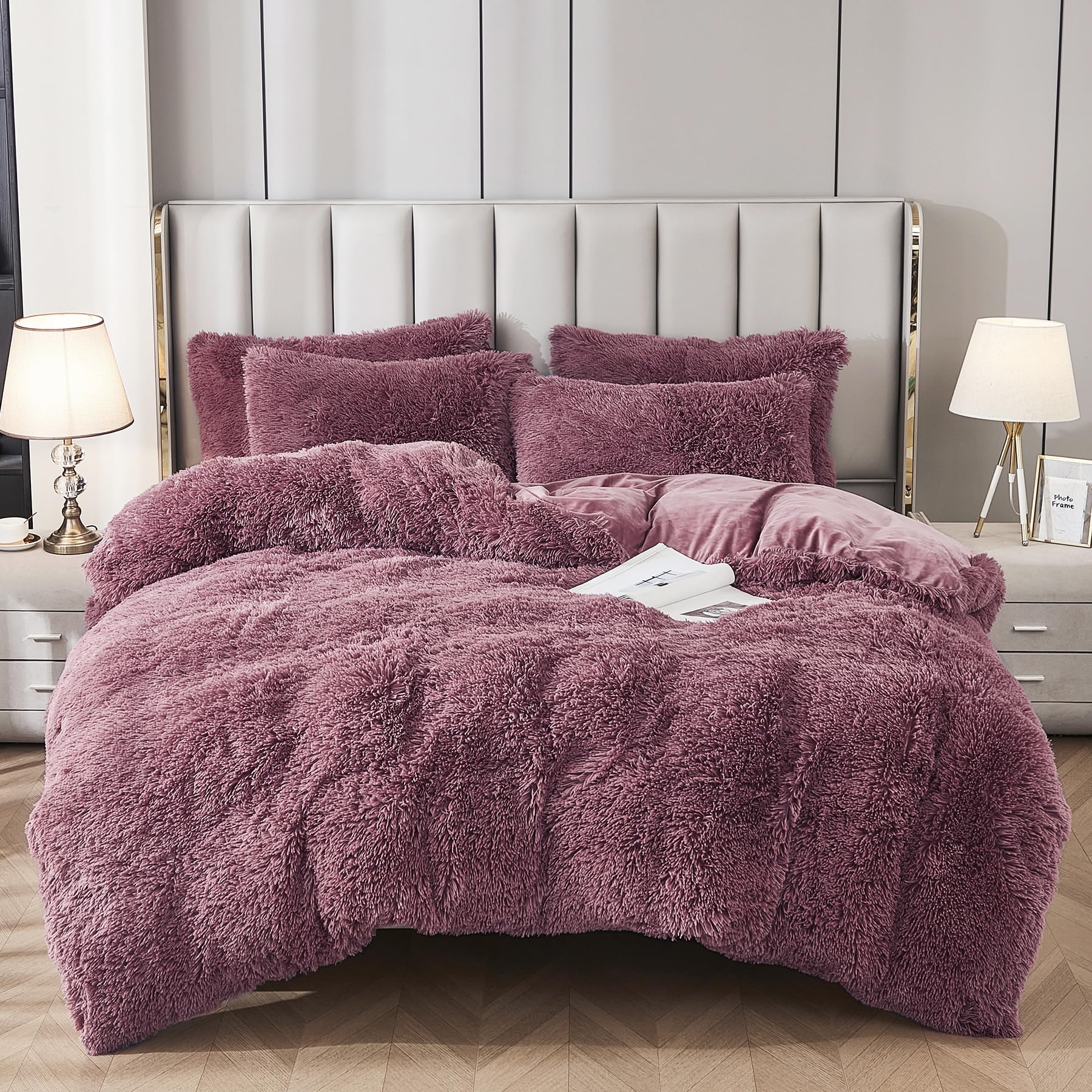 Uhamho Faux Fur Velvet Fluffy Bedding Duvet Cover Set Down Comforter Quilt Cover With Pillow Shams, Ultra Soft Warm And Luxury (