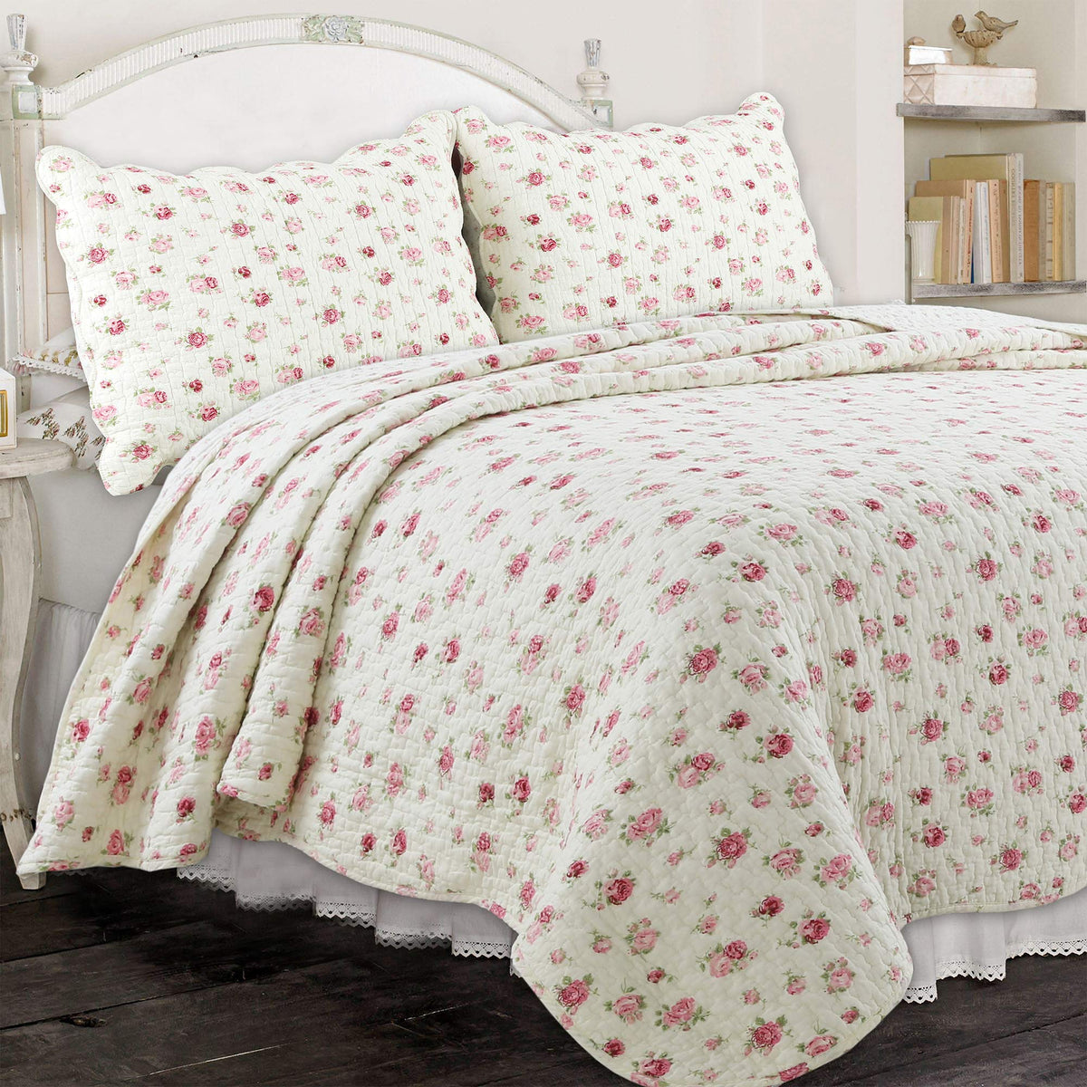 Cozy Line Home Fashions Pink Rose Garden Floral 100% Cotton Reversible Coverlet Bedspread Quilt Bedding Set (Ivory Rose, King -