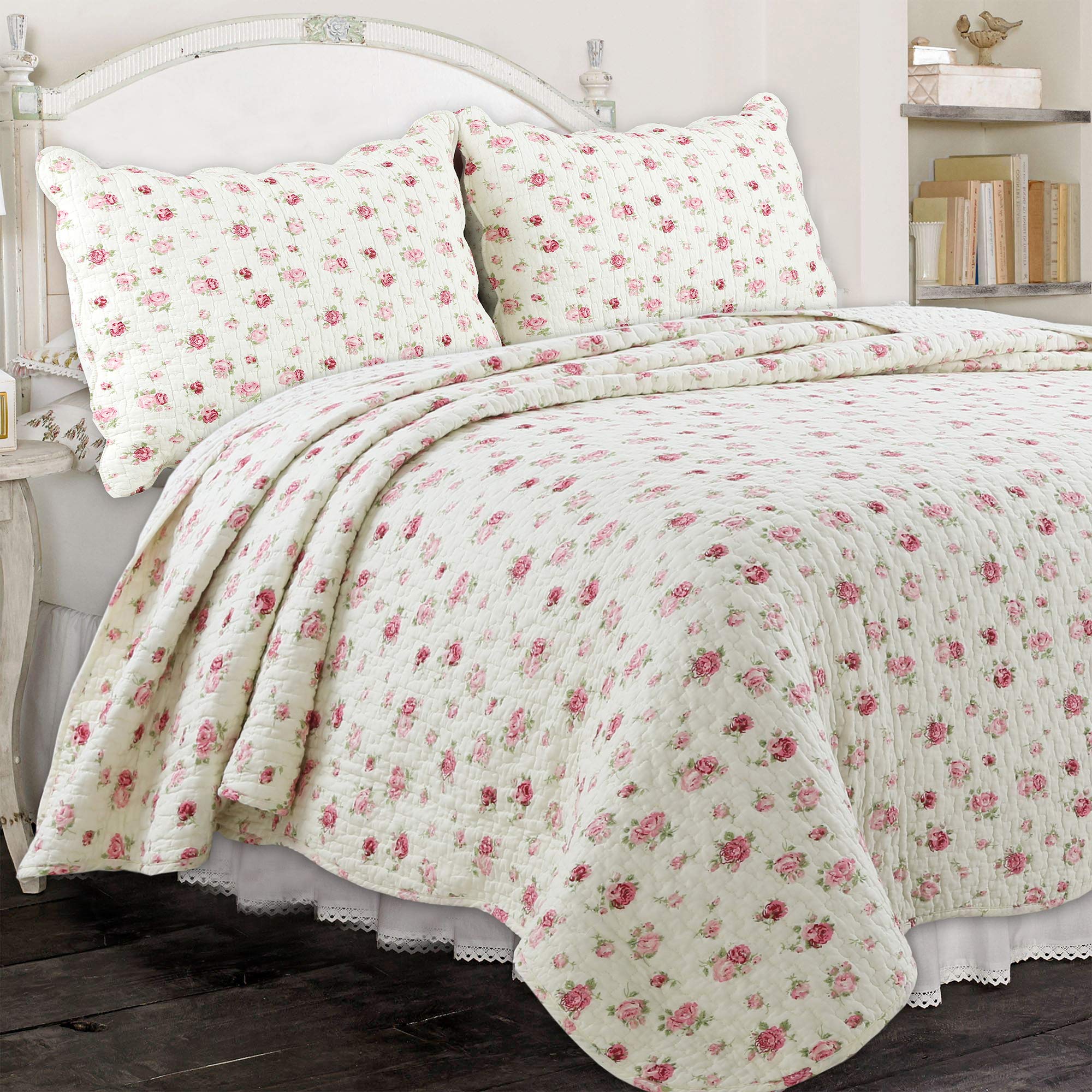 Cozy Line Home Fashions Pink Rose Garden Floral 100% Cotton Reversible Coverlet Bedspread Quilt Bedding Set (Ivory Rose, King -