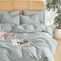 Wake In Cloud - Striped Cotton Duvet Cover Set, 100% Washed Cotton Textured Percale Bedding Set, Ticking Stripe Pinstripe Farmho