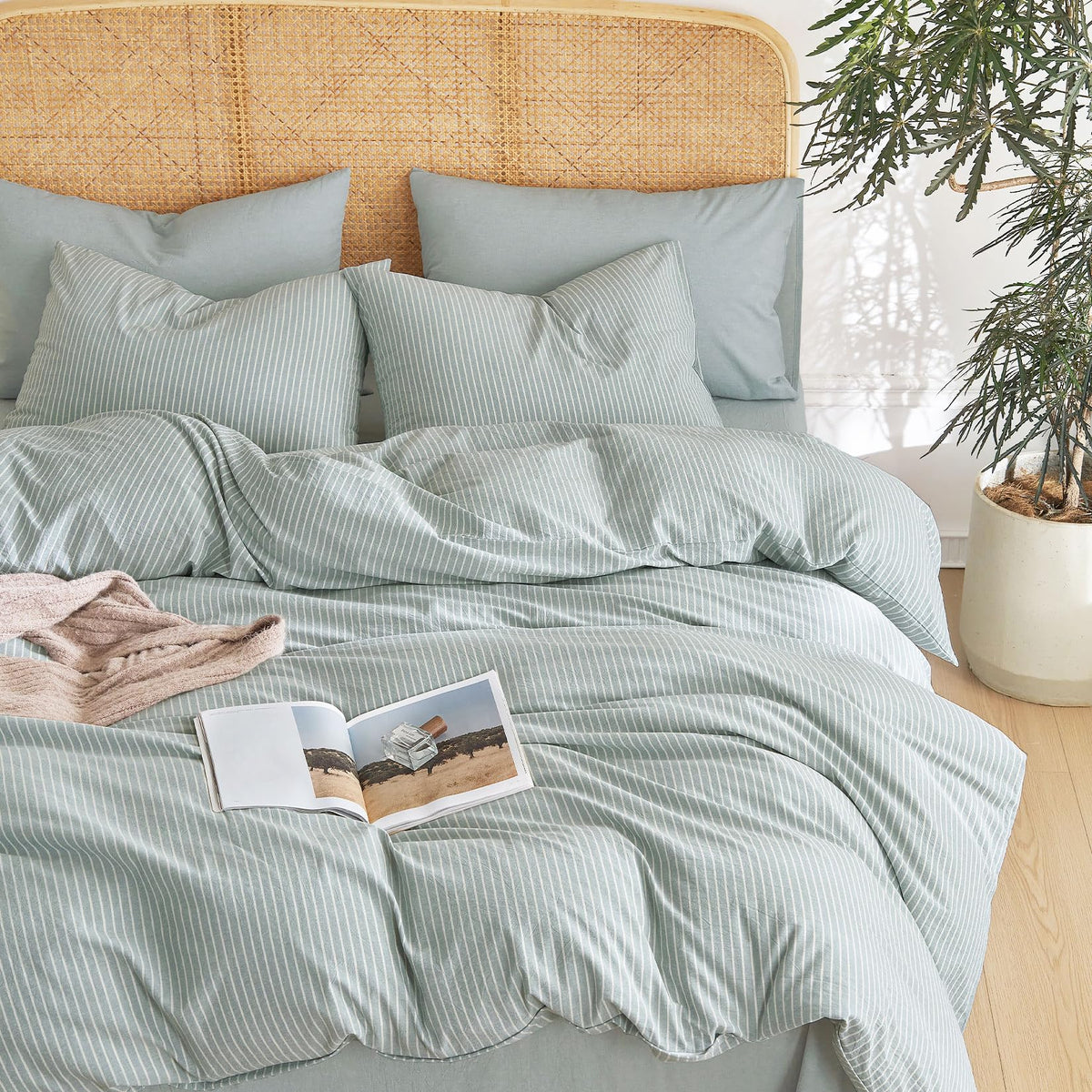 Wake In Cloud - Striped Cotton Duvet Cover Set, 100% Washed Cotton Textured Percale Bedding Set, Ticking Stripe Pinstripe Farmho