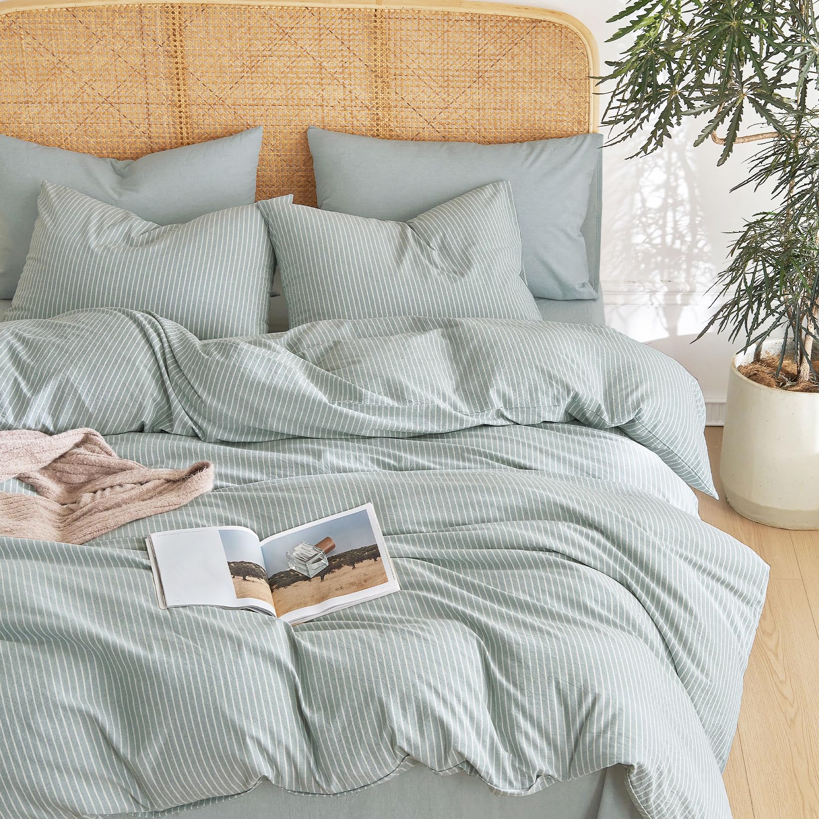 Wake In Cloud - Striped Cotton Duvet Cover Set, 100% Washed Cotton Textured Percale Bedding Set, Ticking Stripe Pinstripe Farmho