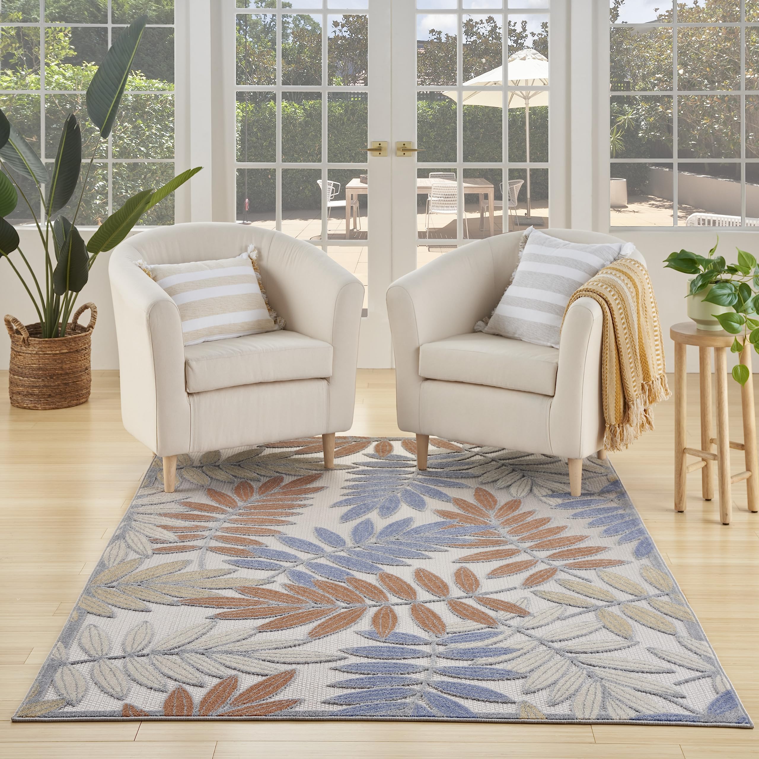 Nourison Aloha Indoor/Outdoor Blue Mocha 3'6' X 5'6' Area Rug, Easy Cleaning, Non Shedding, Bed Room, Living Room, Dining Room