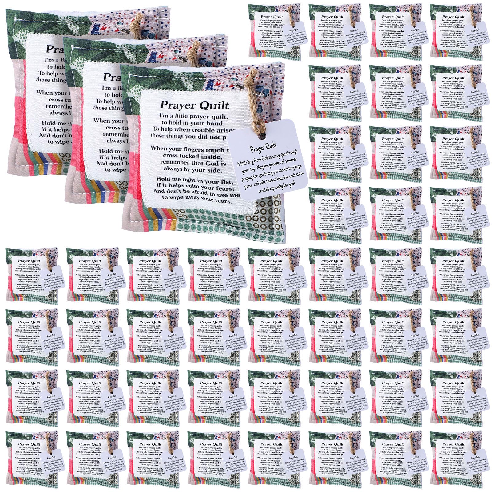 Fanfanwin 48 Pcs Mini Prayer Quilt with Cross Inside, Vintage Pocket Scripture Prayer Quilt Squares Sympathy Christian Gifts for