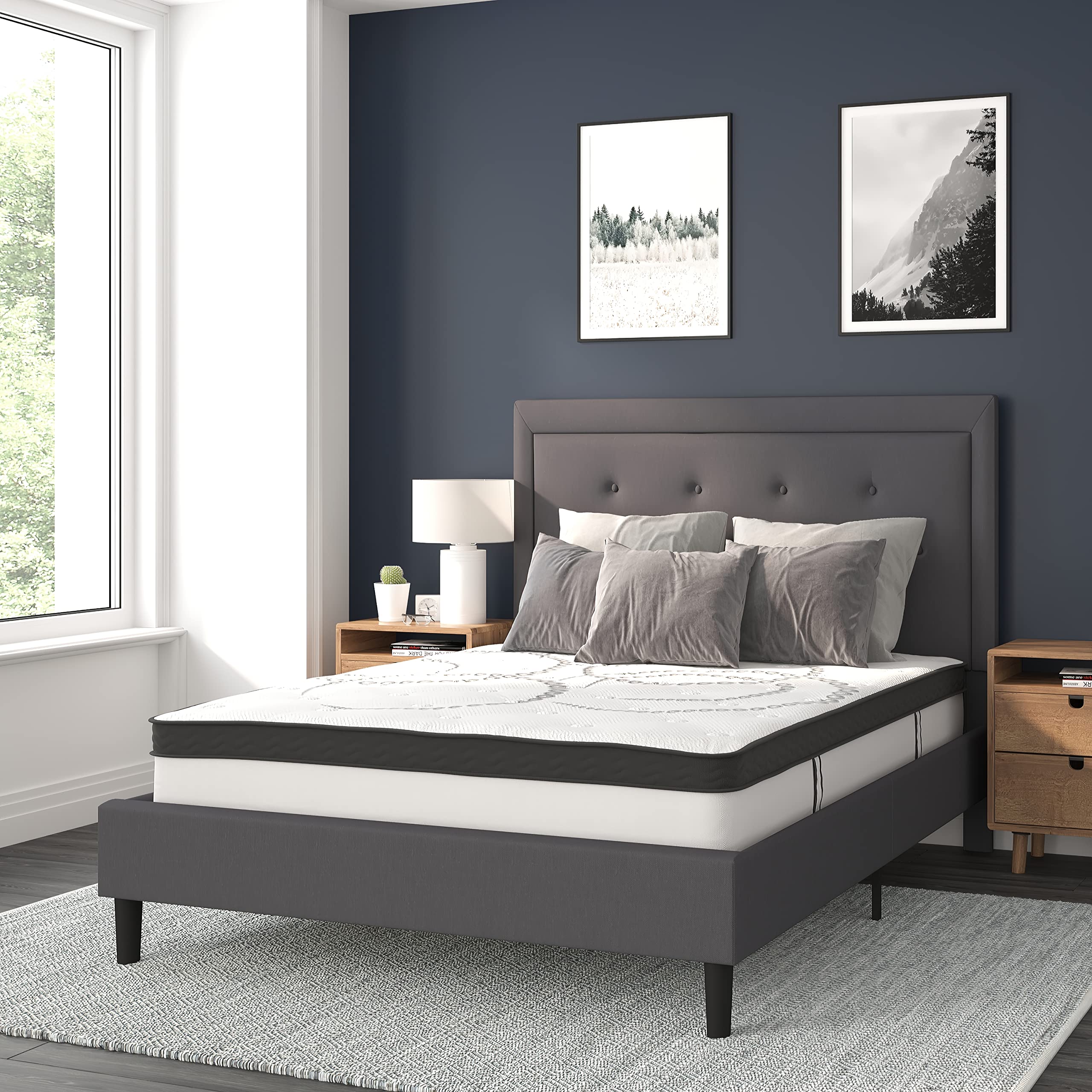 Flash Furniture Roxbury Full Size Tufted Upholstered Platform Bed In Dark Gray Fabric With 10 Inch Certipur-Us Certified Pocket Spring Mattress