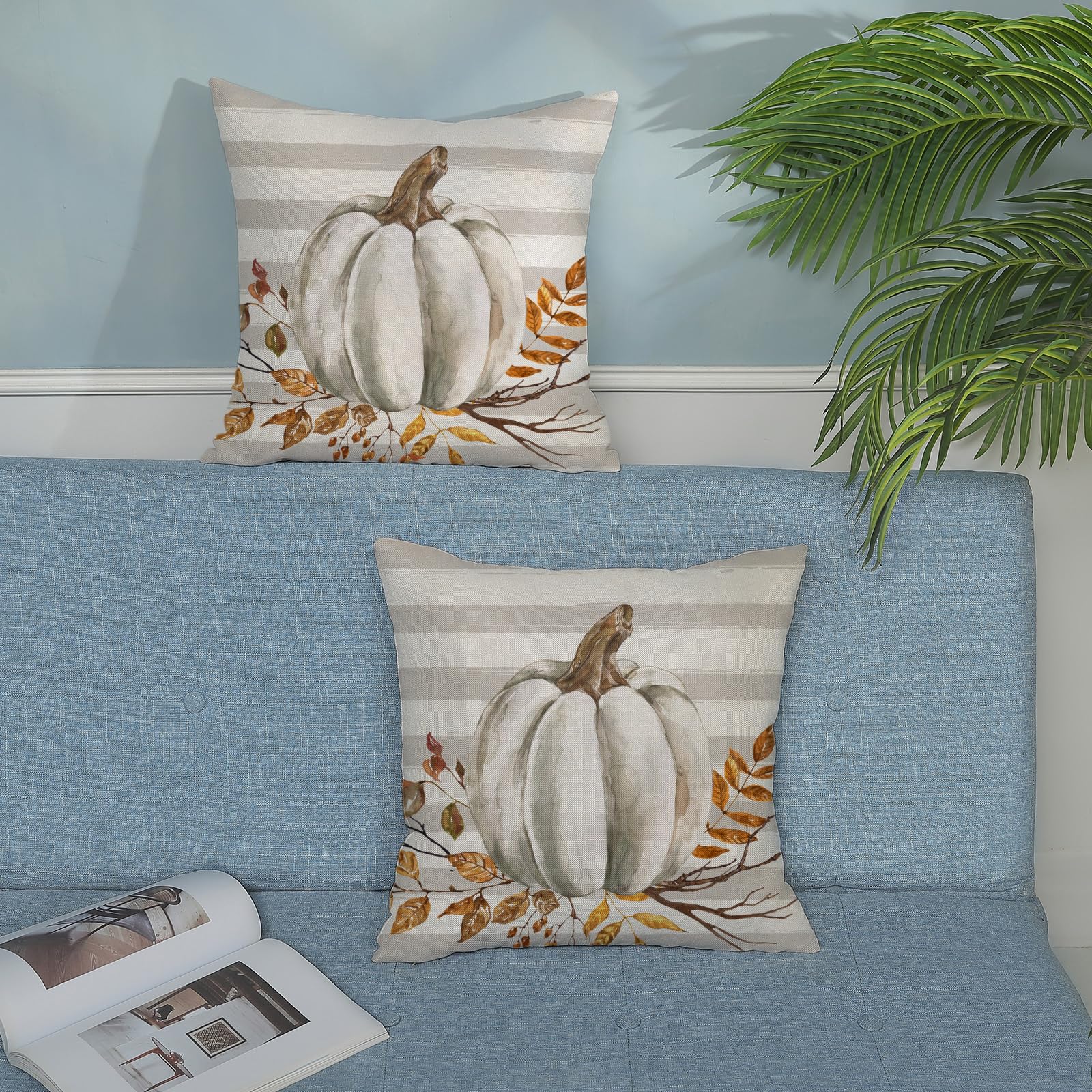 Fall Pillow Covers 16X16 Gray Stripes Pumpkin Decor Throw Pillows Case For Couch Maple Leaves Autumn Harvest Indoor Outdoor Deco