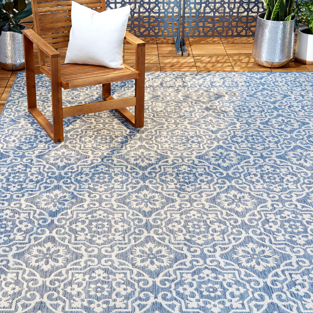 Nicole Miller New York Patio Country Danica Transitional Geometric Indoor/Outdoor Area Rug, Blue/Grey, 9'2'X12'5'